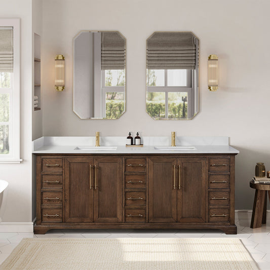 Tokyo 84" Freestanding Double Bath Vanity in Aged Dark Brown Oak with Silk White Quartz Stone Top