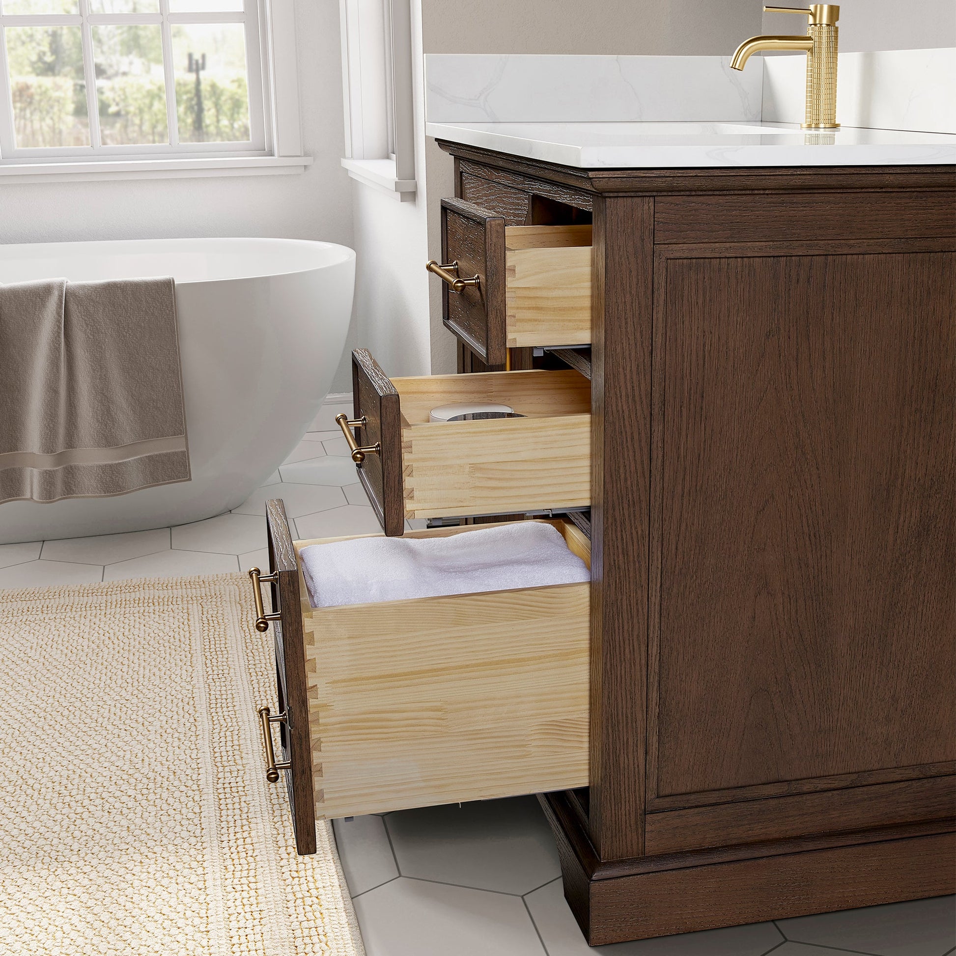 Tokyo 84" Freestanding Double Bath Vanity in Aged Dark Brown Oak with Silk White Quartz Stone Top