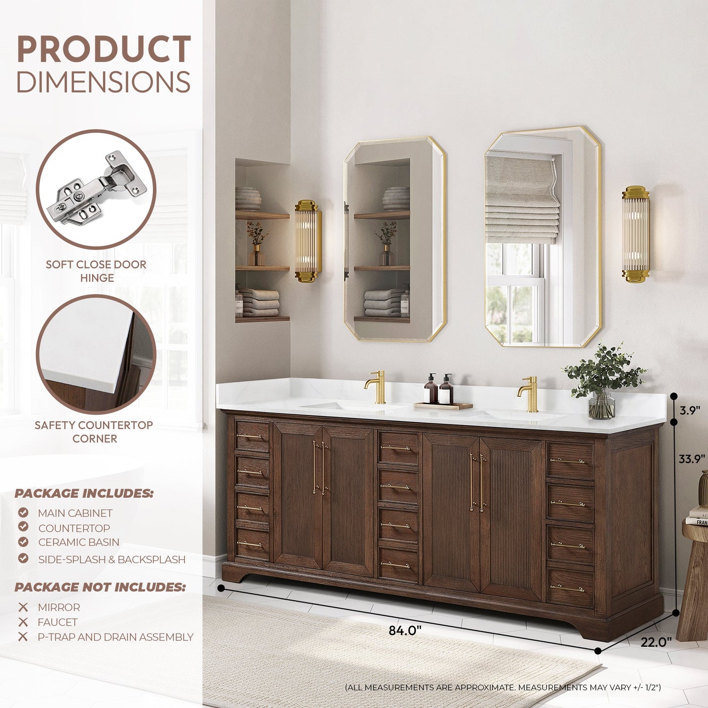 Tokyo 84" Freestanding Double Bath Vanity in Aged Dark Brown Oak with Silk White Quartz Stone Top