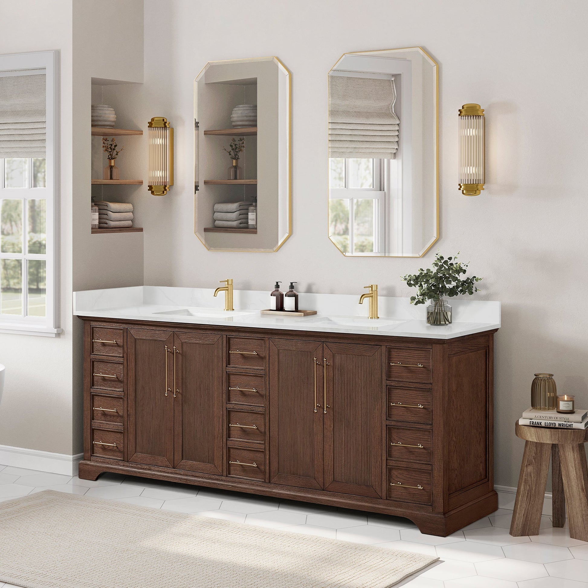 Tokyo 84" Freestanding Double Bath Vanity in Aged Dark Brown Oak with Silk White Quartz Stone Top