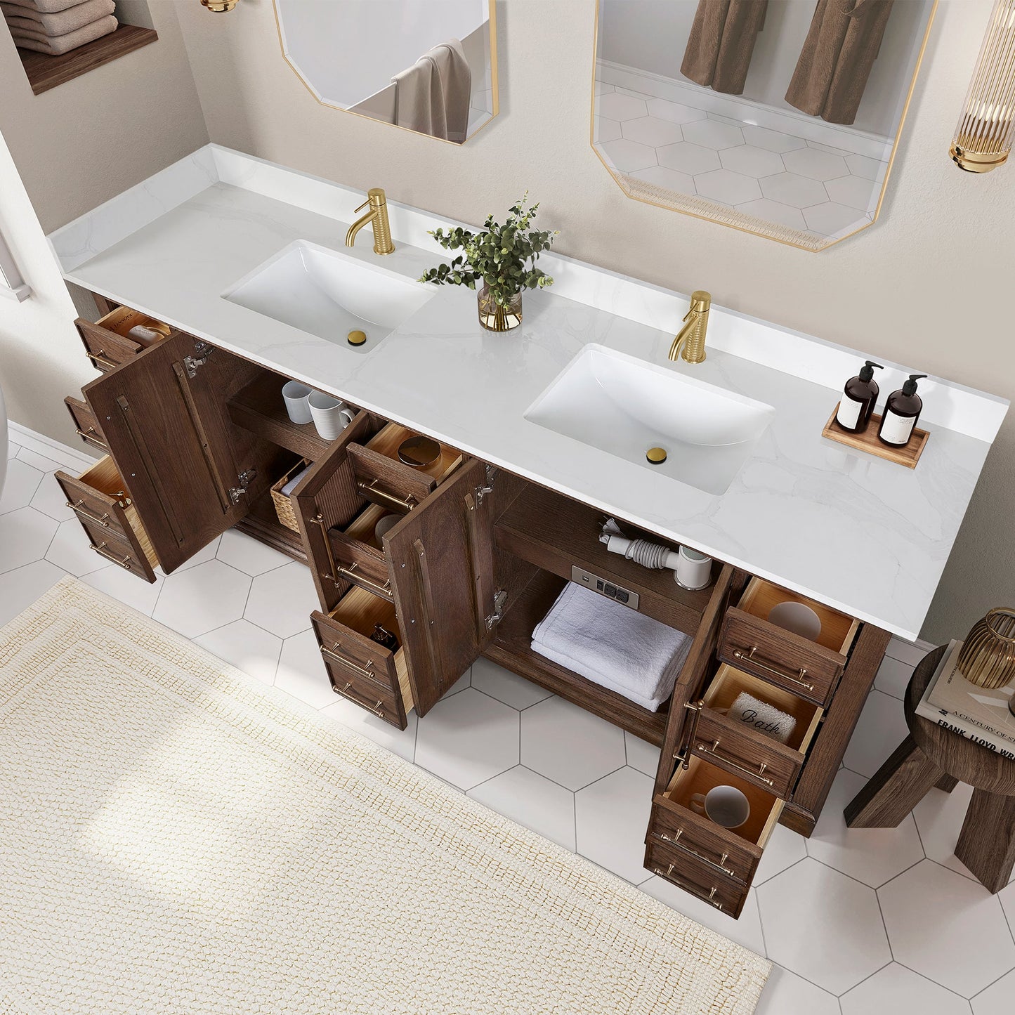 Tokyo 84" Freestanding Double Bath Vanity in Aged Dark Brown Oak with Silk White Quartz Stone Top