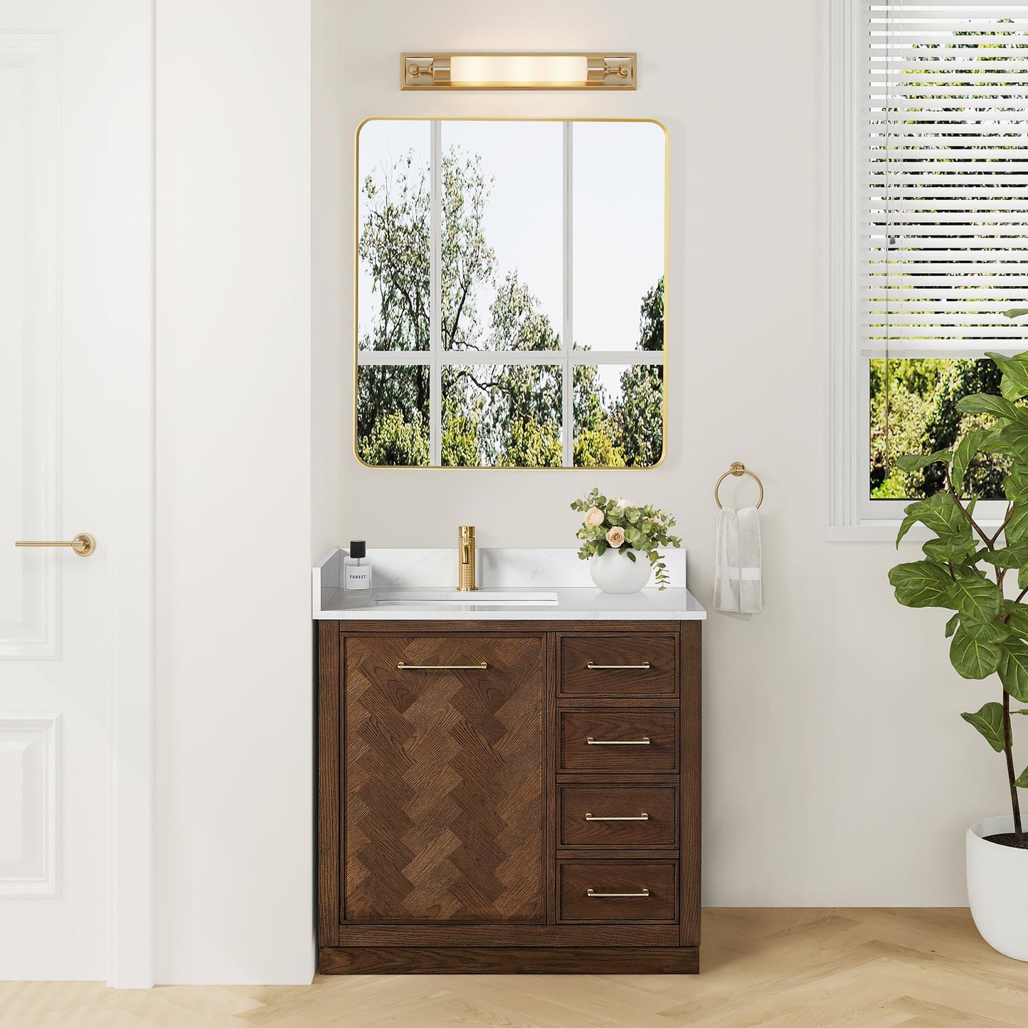 Jakarta 36" Freestanding Single Bath Vanity in Aged Dark Brown Oak with Silk White Quartz Stone Top