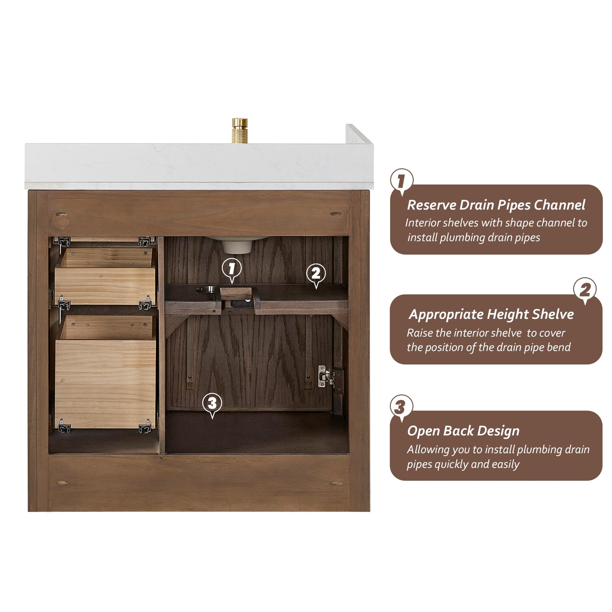 Jakarta 36" Freestanding Single Bath Vanity in Aged Dark Brown Oak with Silk White Quartz Stone Top