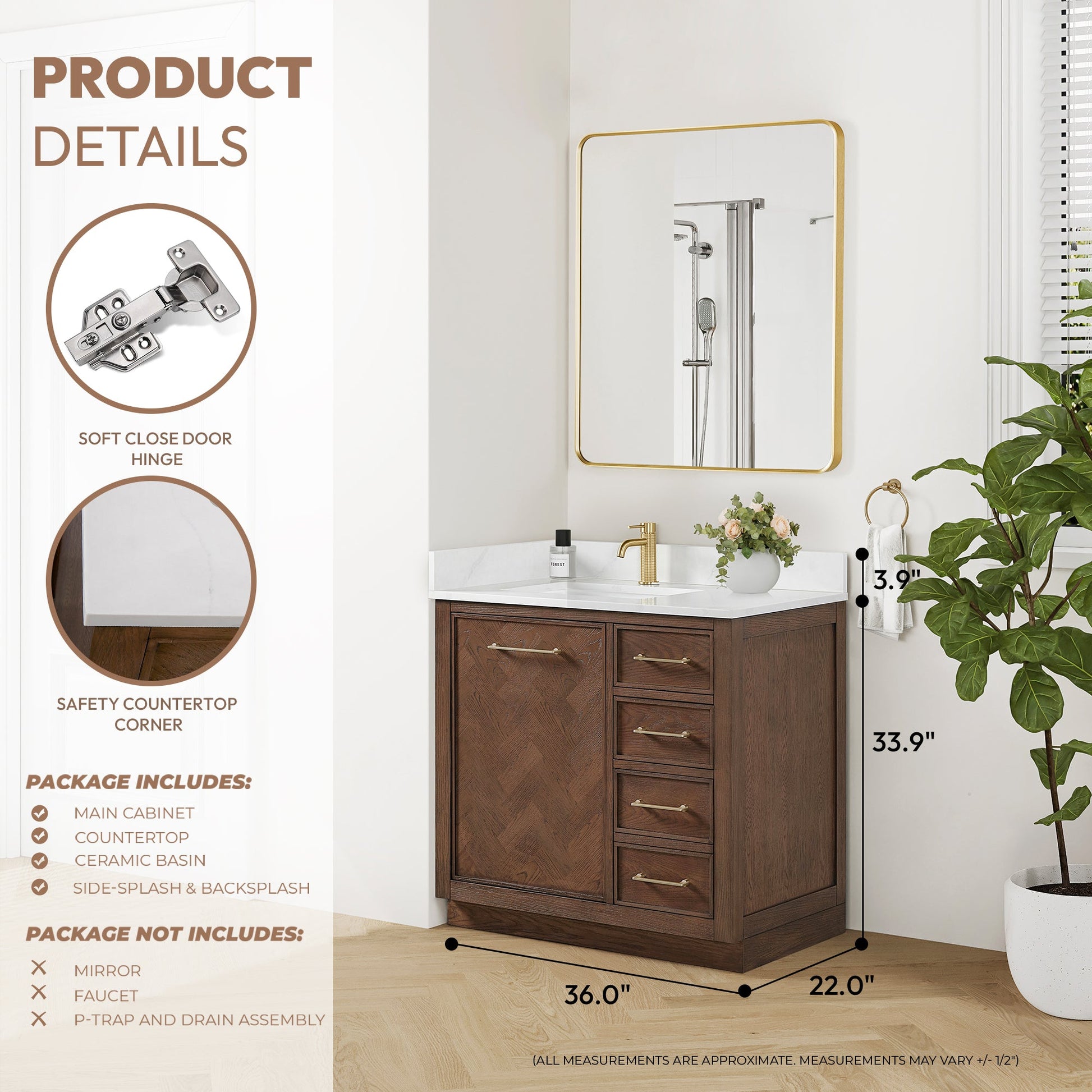 Jakarta 36" Freestanding Single Bath Vanity in Aged Dark Brown Oak with Silk White Quartz Stone Top