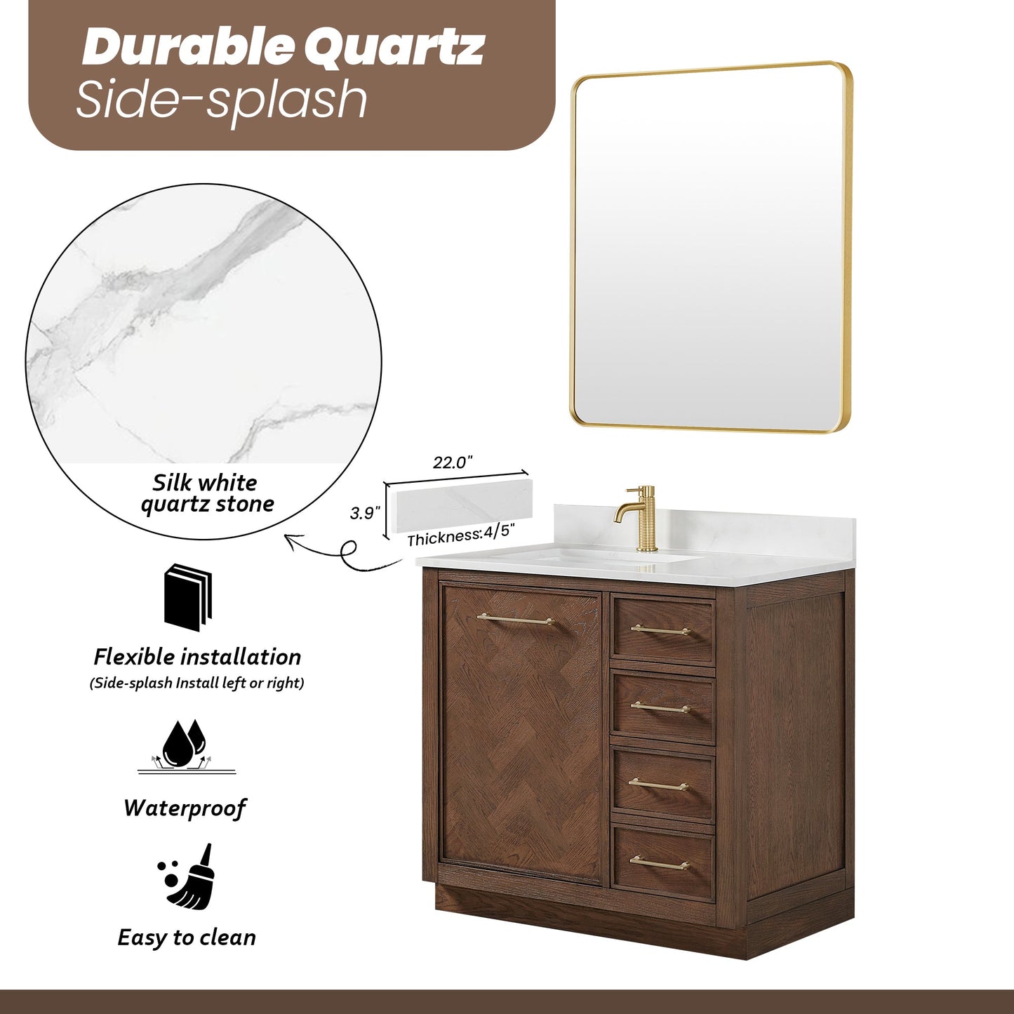 Jakarta 36" Freestanding Single Bath Vanity in Aged Dark Brown Oak with Silk White Quartz Stone Top
