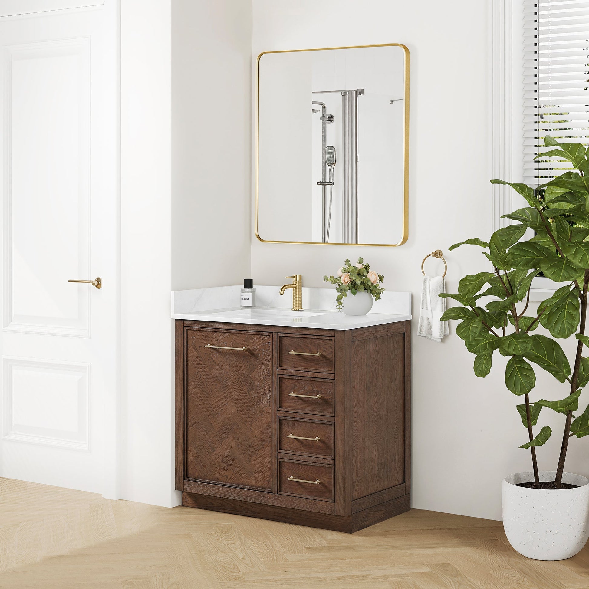 Jakarta 36" Freestanding Single Bath Vanity in Aged Dark Brown Oak with Silk White Quartz Stone Top