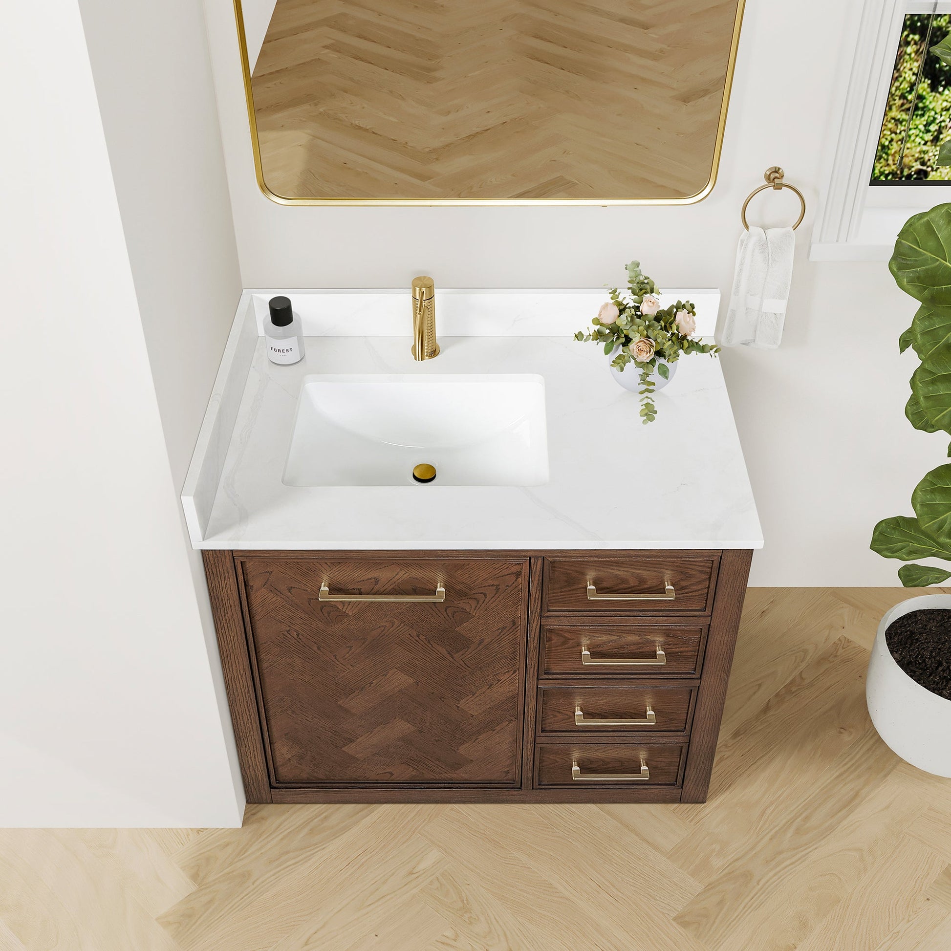 Jakarta 36" Freestanding Single Bath Vanity in Aged Dark Brown Oak with Silk White Quartz Stone Top