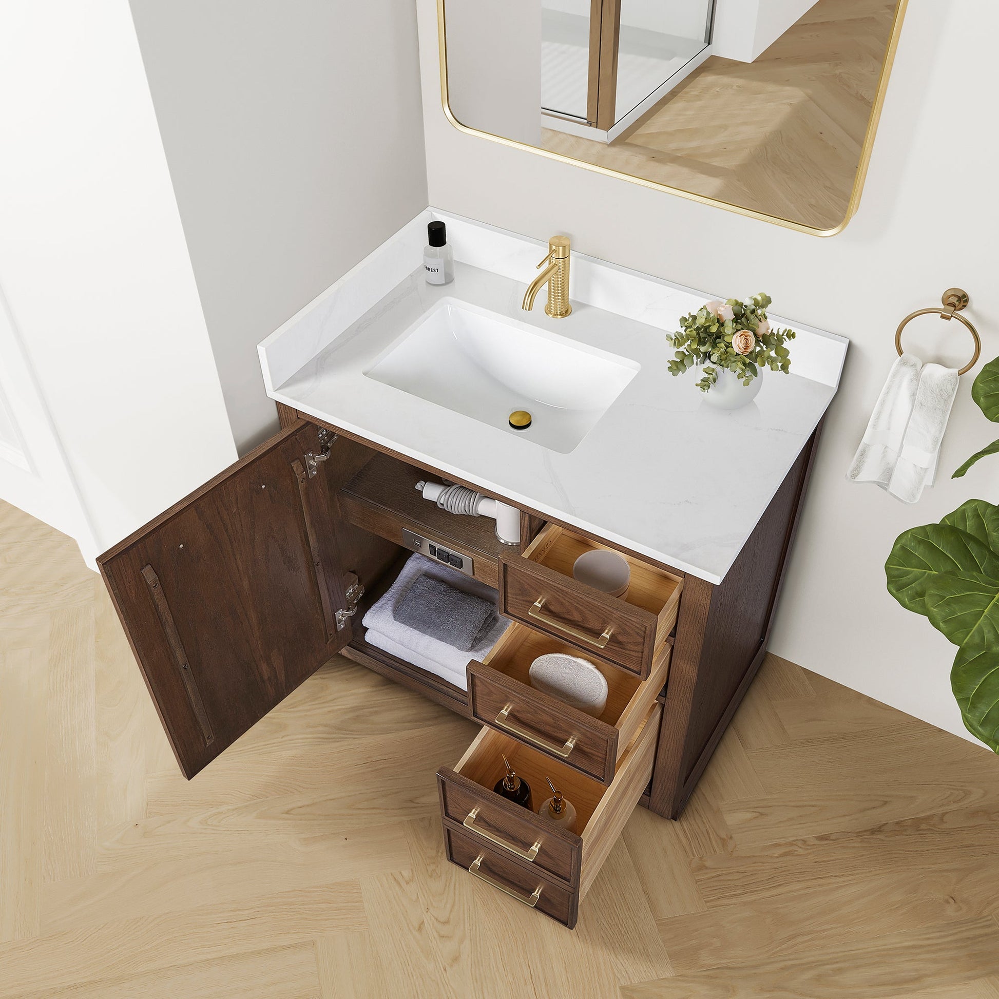 Jakarta 36" Freestanding Single Bath Vanity in Aged Dark Brown Oak with Silk White Quartz Stone Top