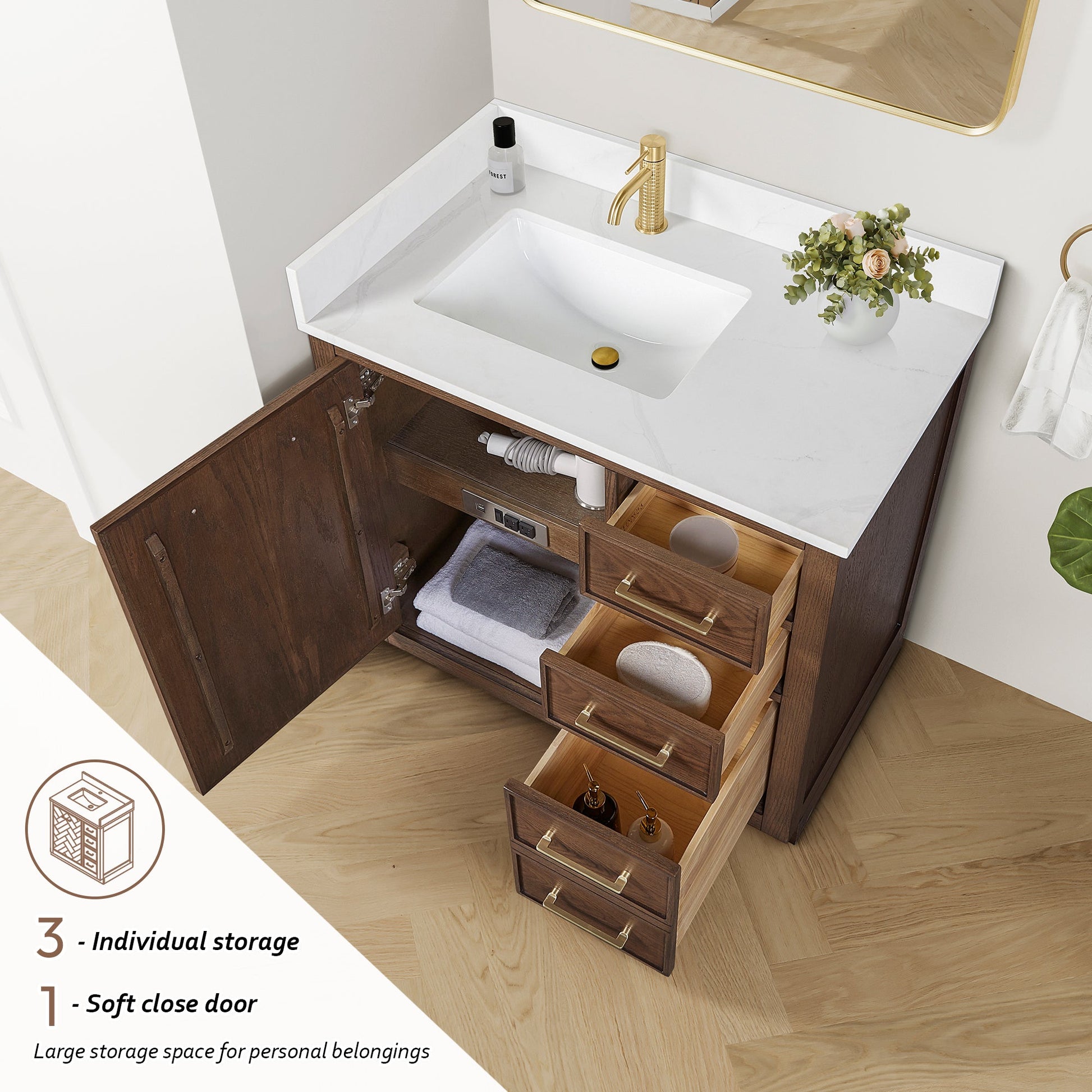 Jakarta 36" Freestanding Single Bath Vanity in Aged Dark Brown Oak with Silk White Quartz Stone Top