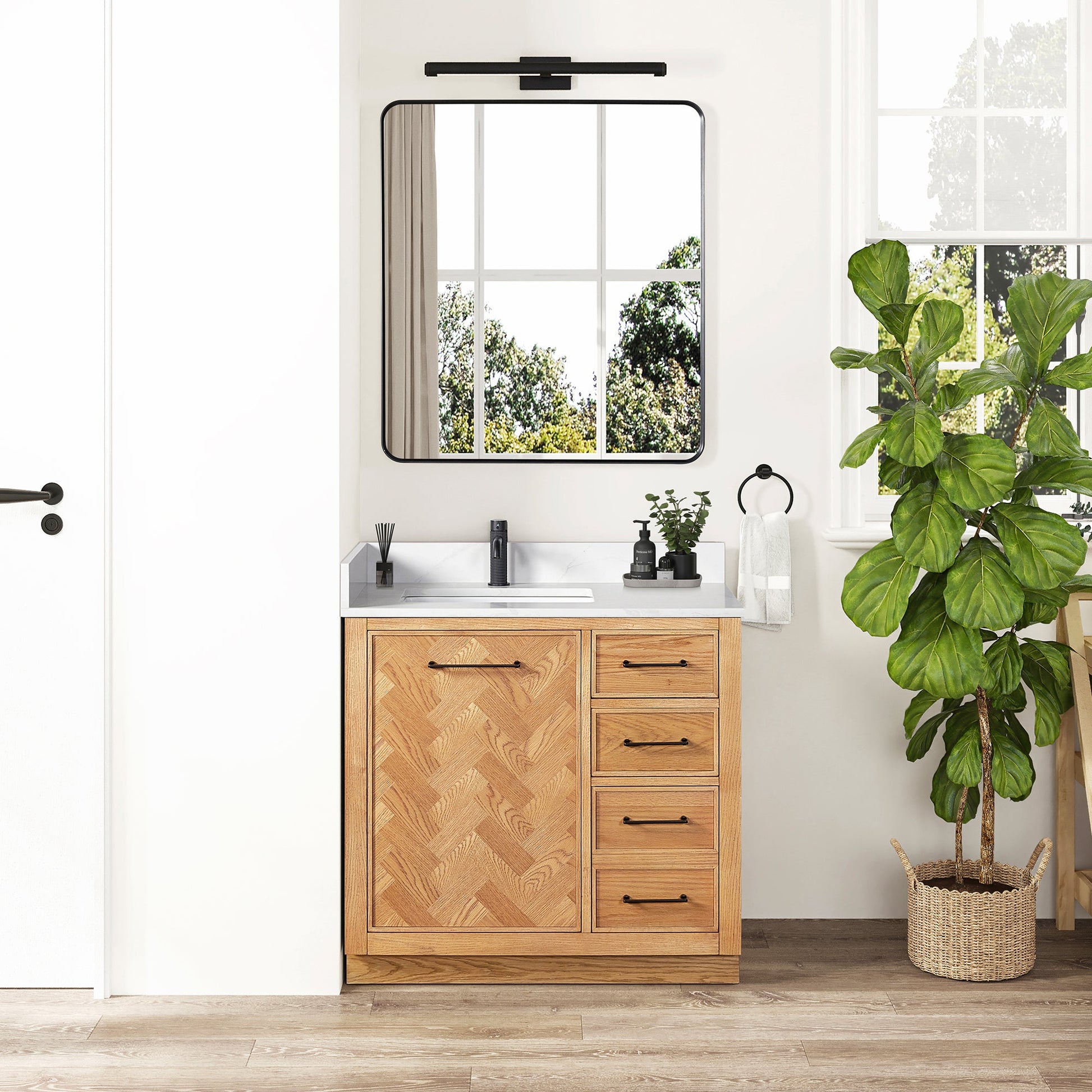 Jakarta 36" Freestanding Single Bath Vanity in Oak Weathering Light Brown with Silk White Quartz Stone Top