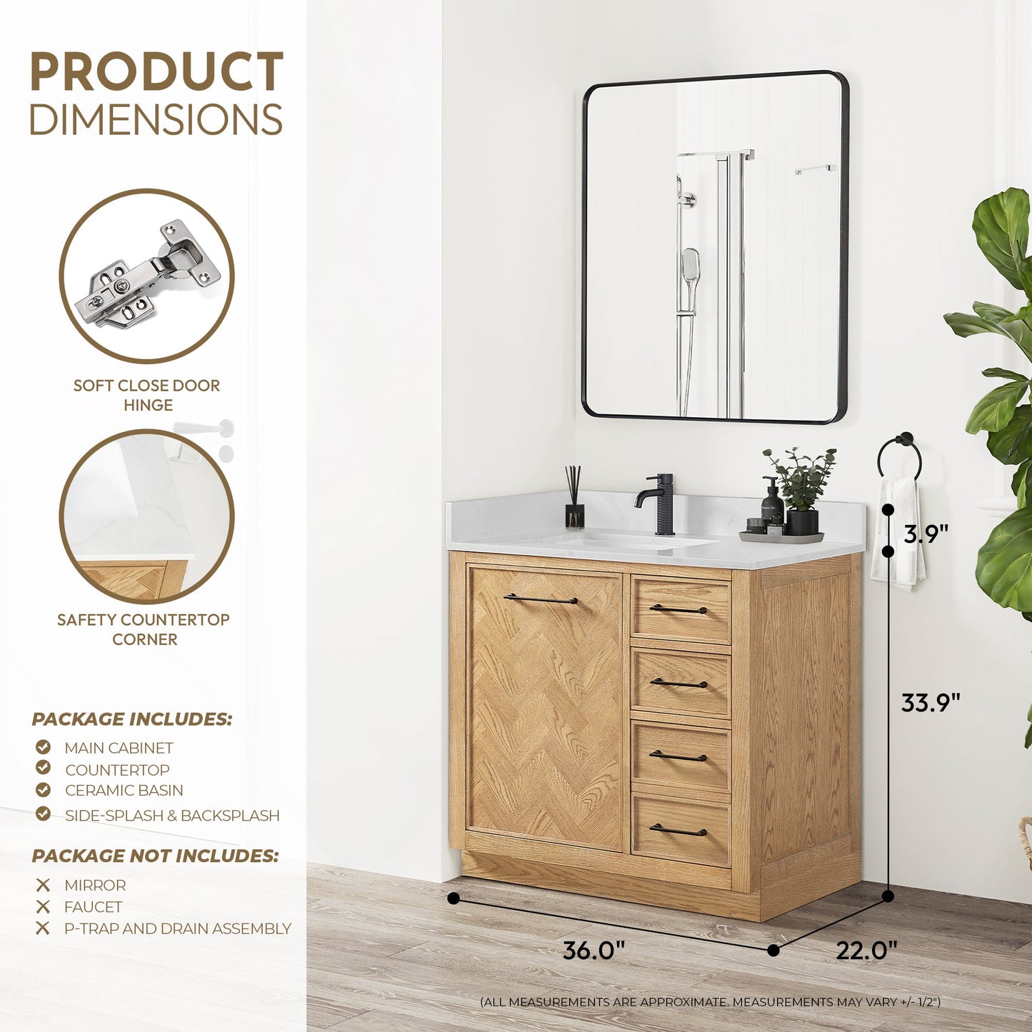 Jakarta 36" Freestanding Single Bath Vanity in Oak Weathering Light Brown with Silk White Quartz Stone Top