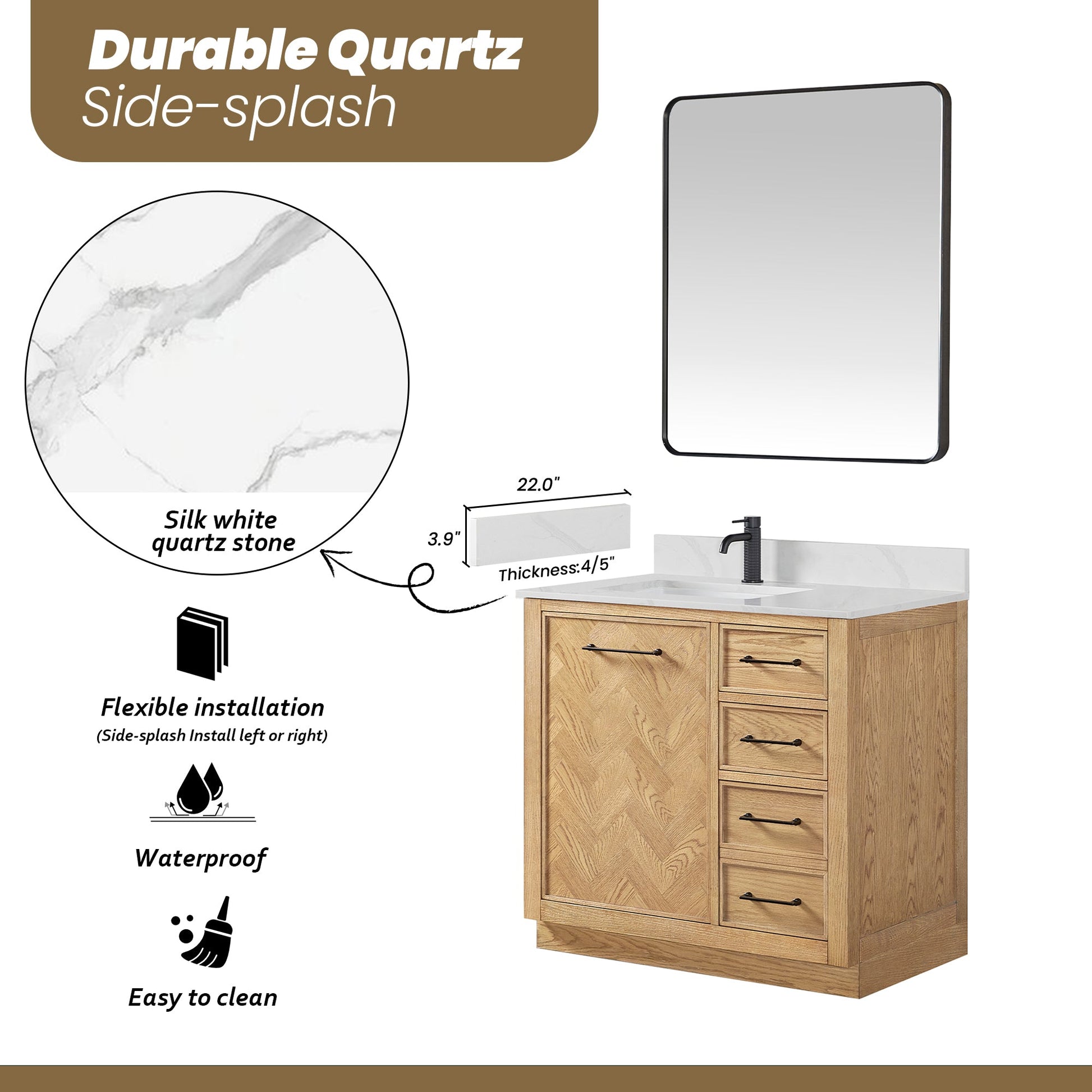Jakarta 36" Freestanding Single Bath Vanity in Oak Weathering Light Brown with Silk White Quartz Stone Top
