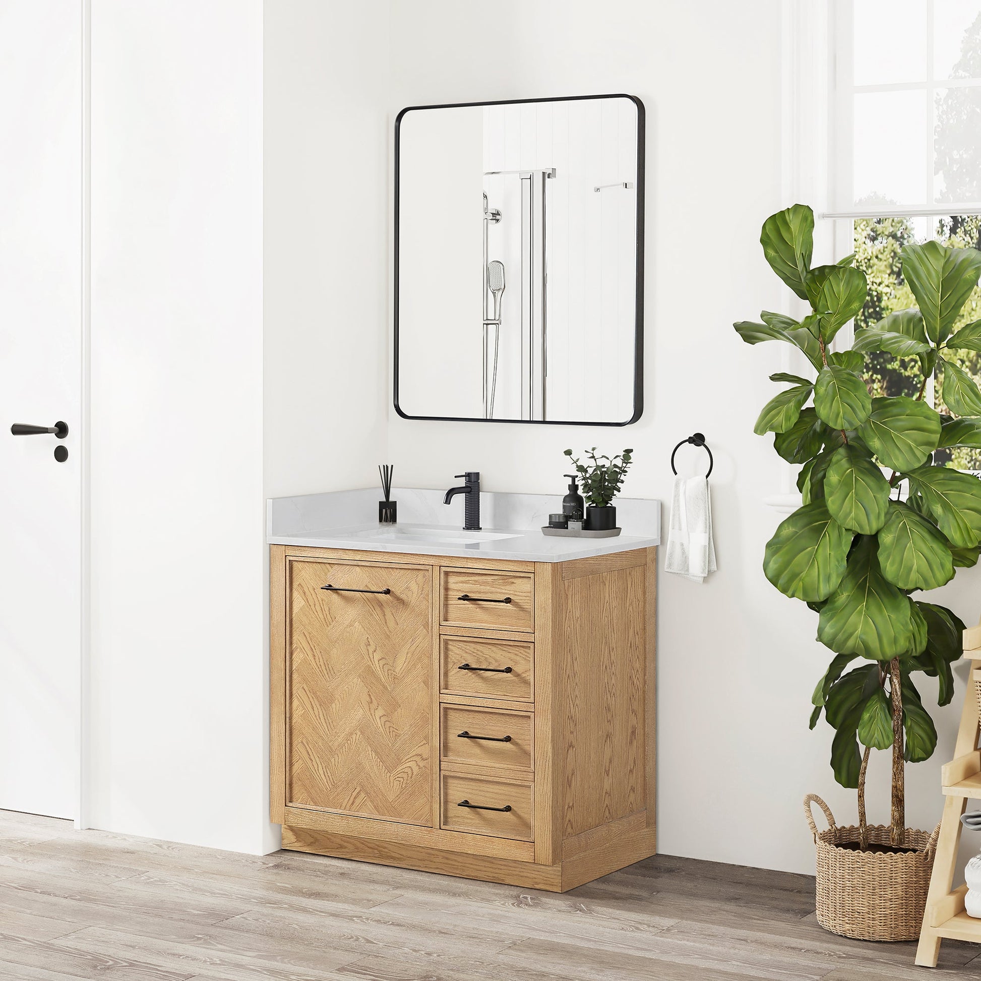 Jakarta 36" Freestanding Single Bath Vanity in Oak Weathering Light Brown with Silk White Quartz Stone Top