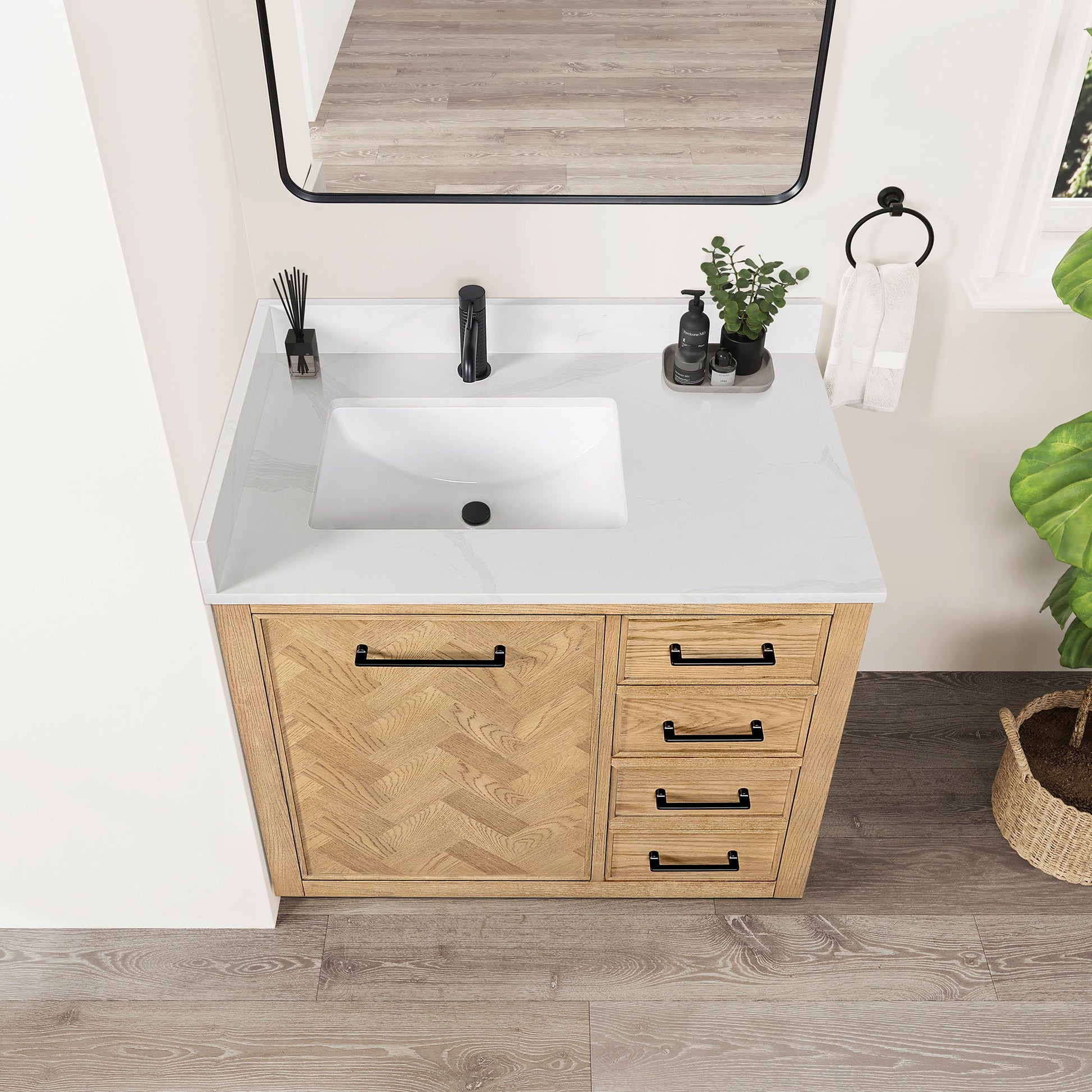 Jakarta 36" Freestanding Single Bath Vanity in Oak Weathering Light Brown with Silk White Quartz Stone Top