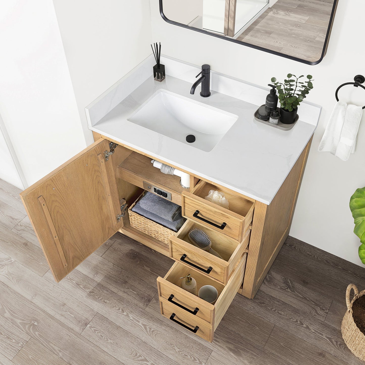 Jakarta 36" Freestanding Single Bath Vanity in Oak Weathering Light Brown with Silk White Quartz Stone Top