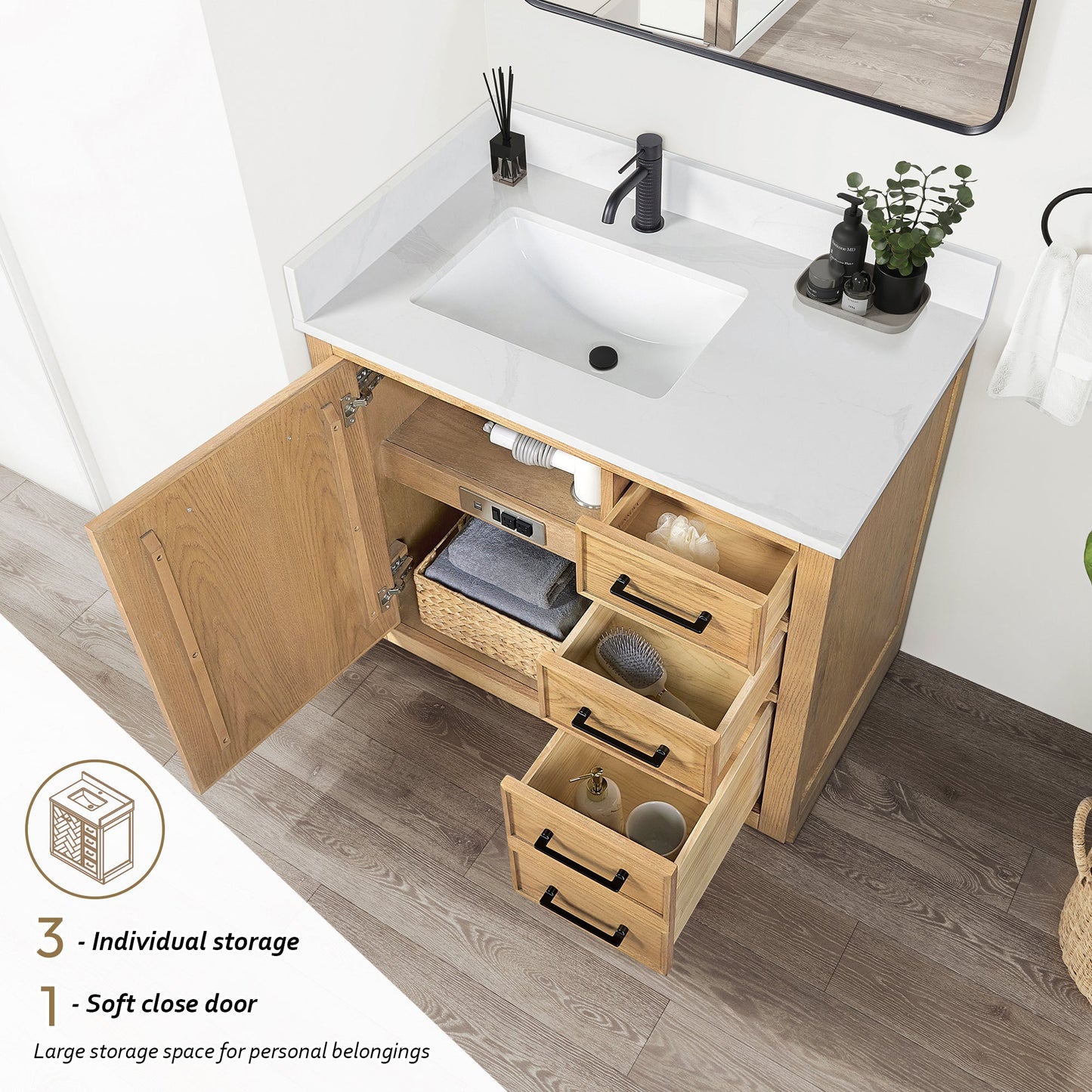 Jakarta 36" Freestanding Single Bath Vanity in Oak Weathering Light Brown with Silk White Quartz Stone Top