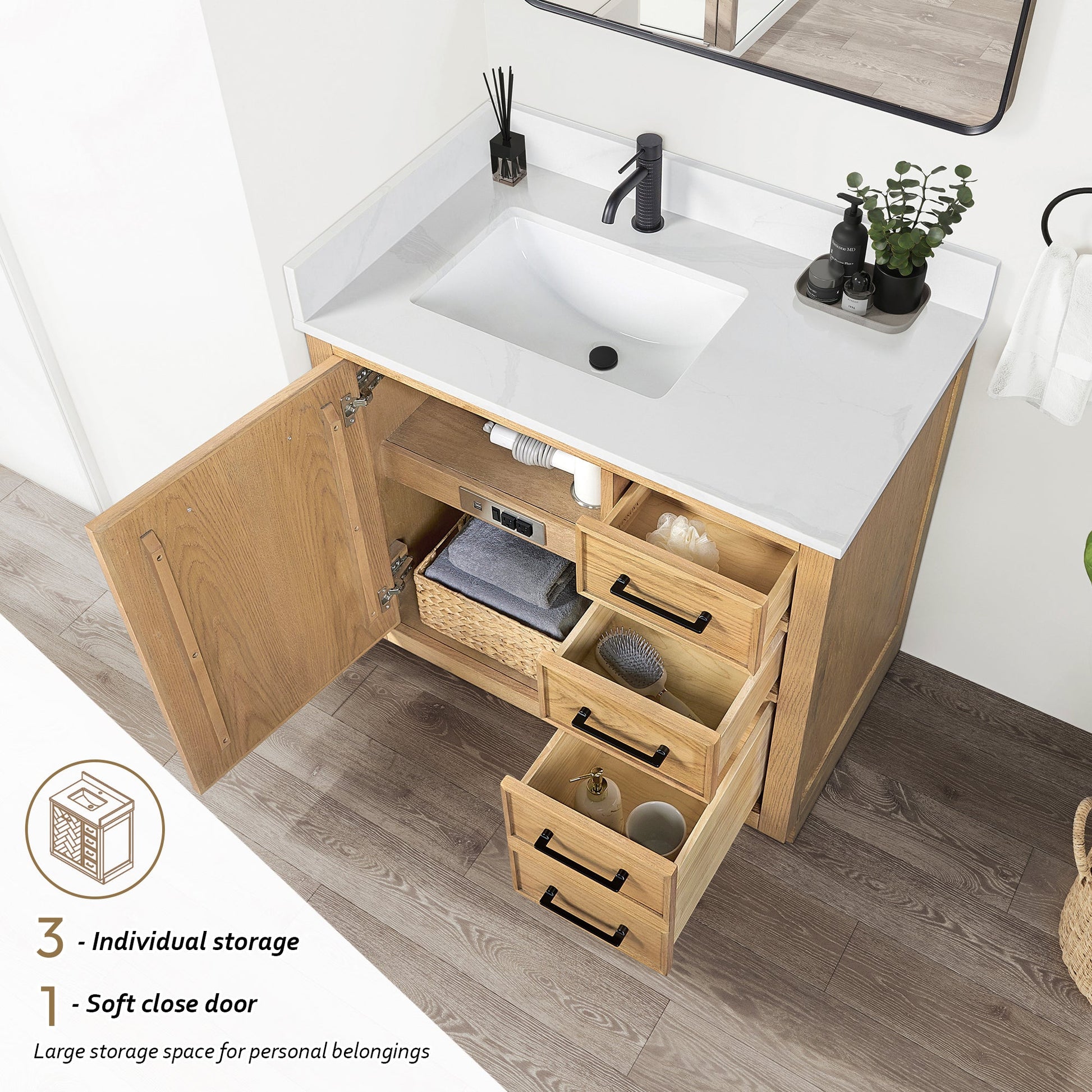 Jakarta 36" Freestanding Single Bath Vanity in Oak Weathering Light Brown with Silk White Quartz Stone Top