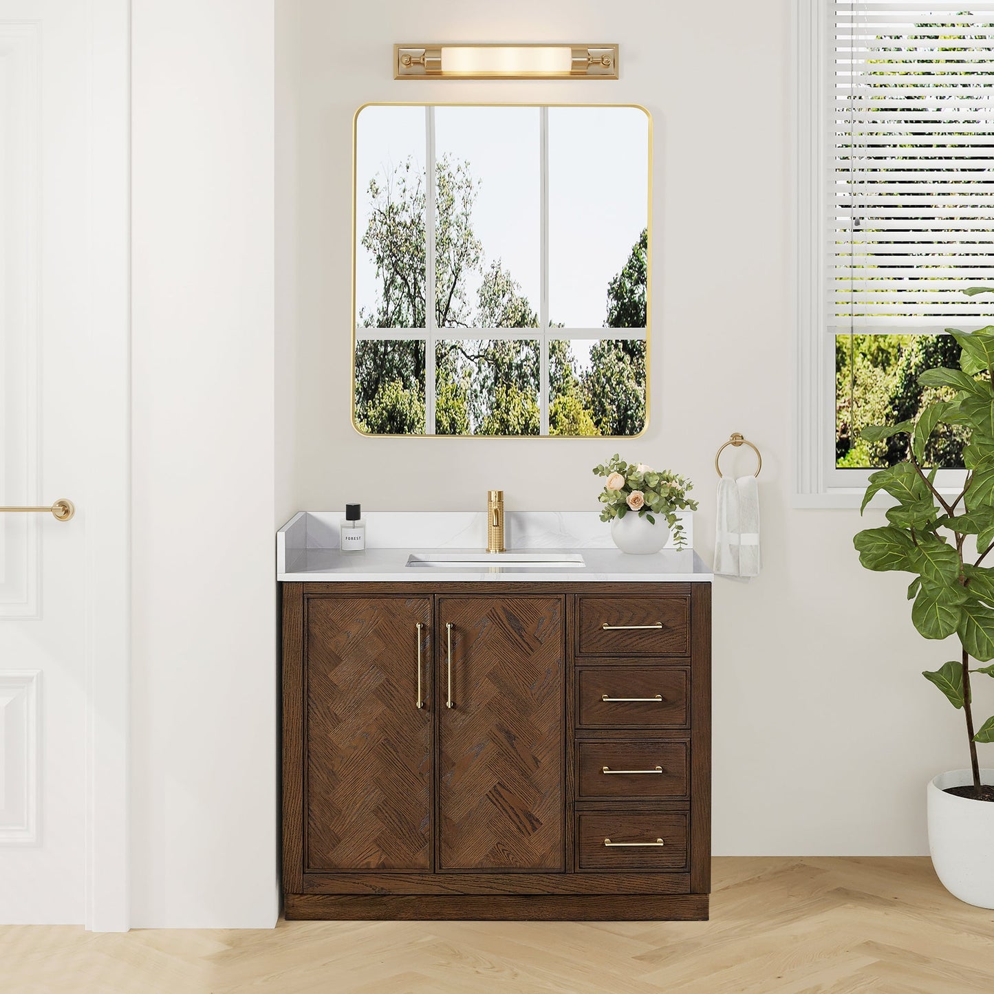 Jakarta 42" Freestanding Single Bath Vanity in Aged Dark Brown Oak with Silk White Quartz Stone Top