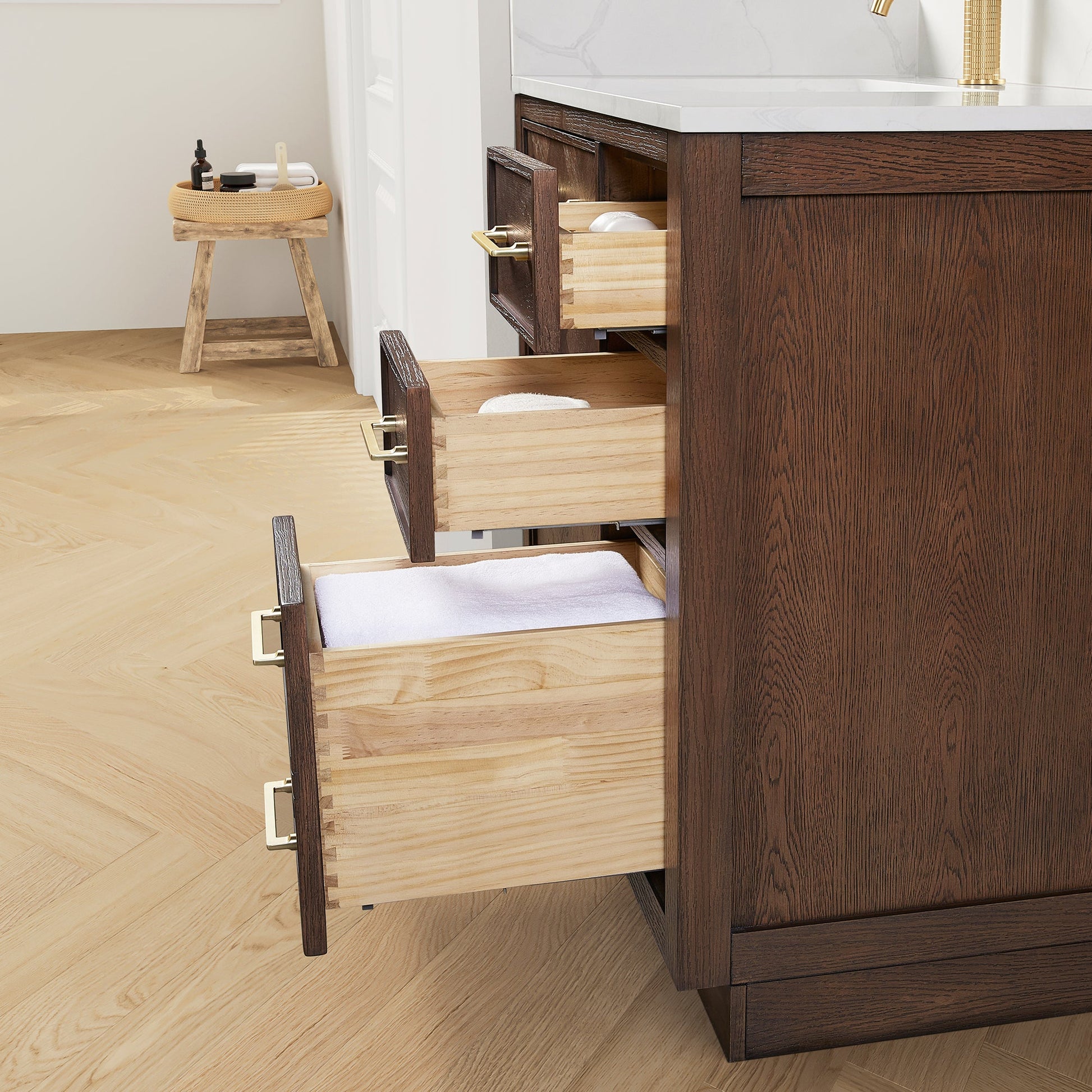 Jakarta 42" Freestanding Single Bath Vanity in Aged Dark Brown Oak with Silk White Quartz Stone Top