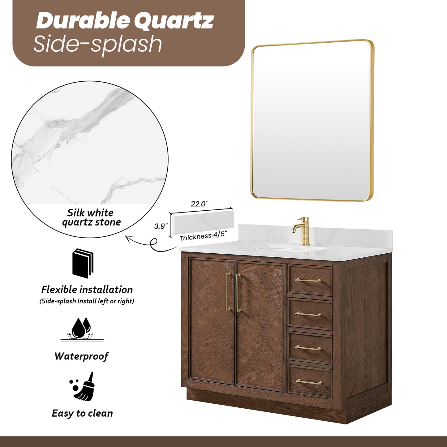 Jakarta 42" Freestanding Single Bath Vanity in Aged Dark Brown Oak with Silk White Quartz Stone Top