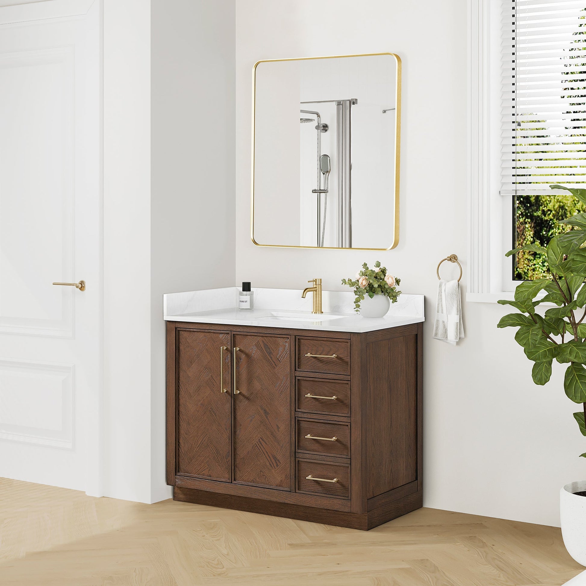 Jakarta 42" Freestanding Single Bath Vanity in Aged Dark Brown Oak with Silk White Quartz Stone Top