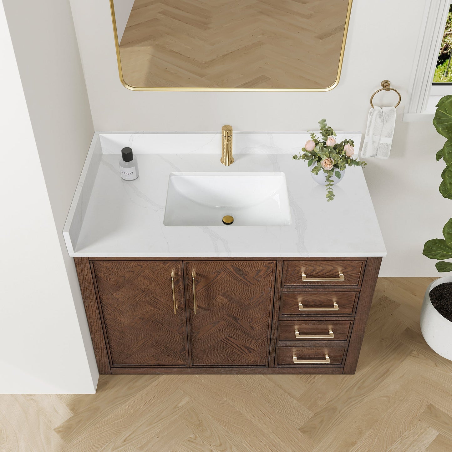 Jakarta 42" Freestanding Single Bath Vanity in Aged Dark Brown Oak with Silk White Quartz Stone Top