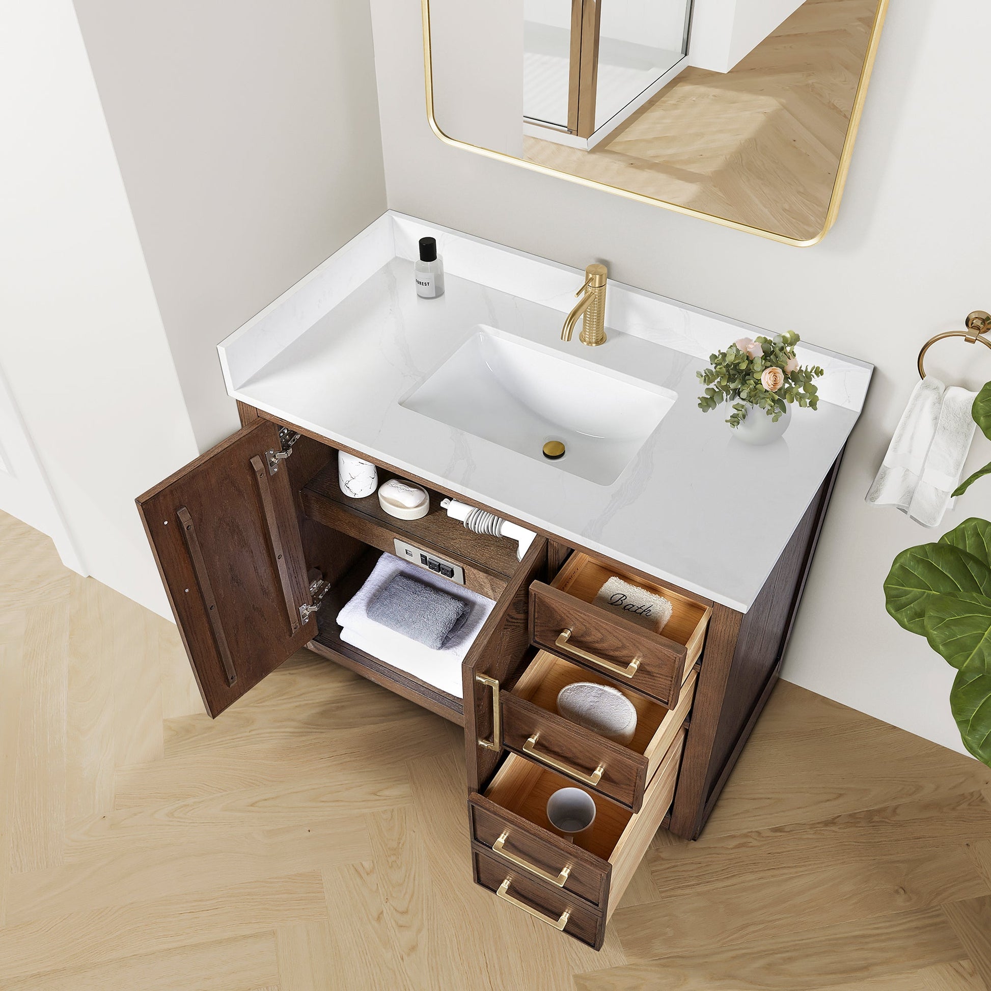 Jakarta 42" Freestanding Single Bath Vanity in Aged Dark Brown Oak with Silk White Quartz Stone Top