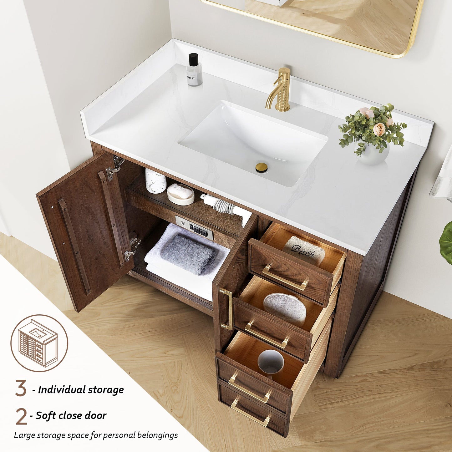 Jakarta 42" Freestanding Single Bath Vanity in Aged Dark Brown Oak with Silk White Quartz Stone Top