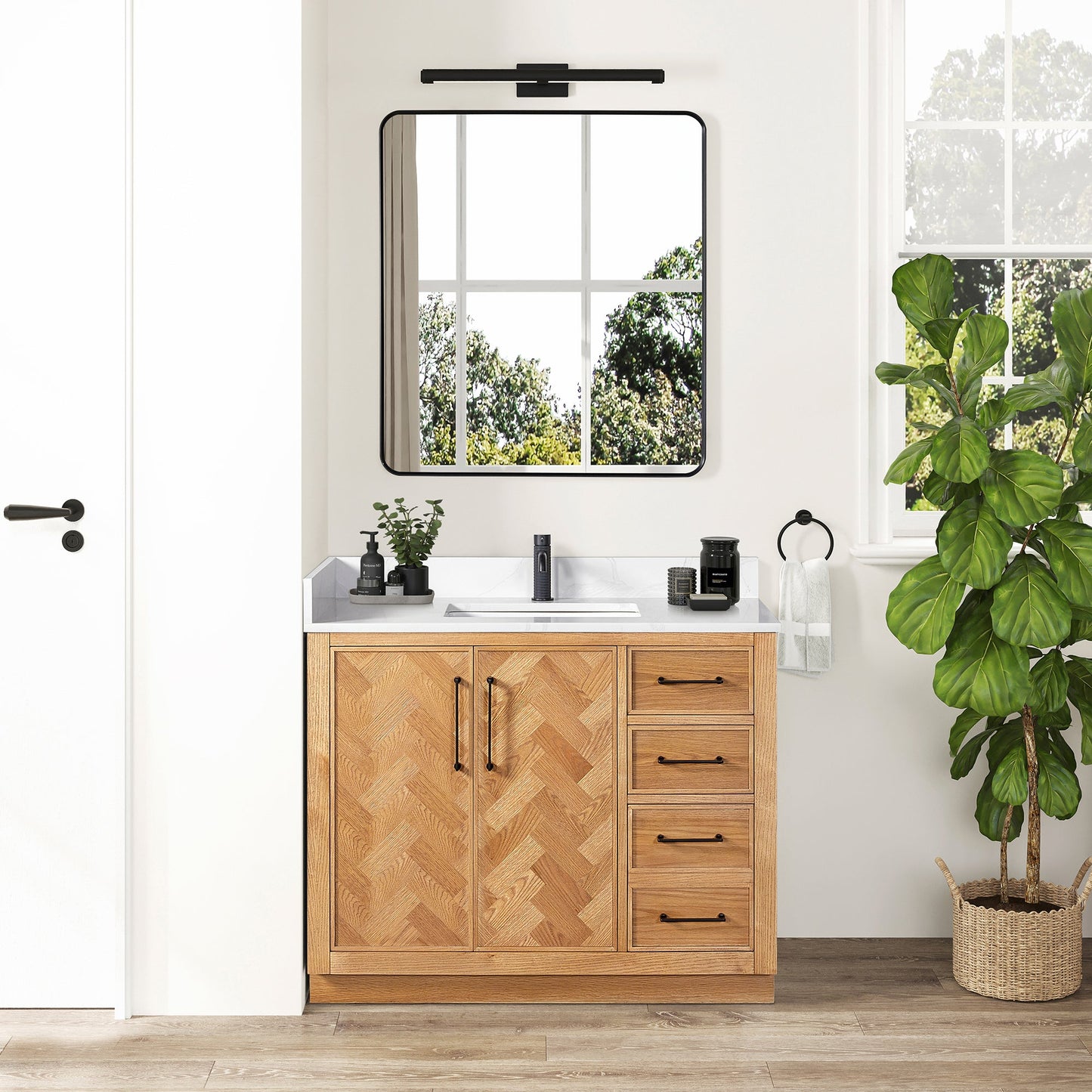 Jakarta 42" Freestanding Single Bath Vanity in Oak Weathering Light Brown with Silk White Quartz Stone Top