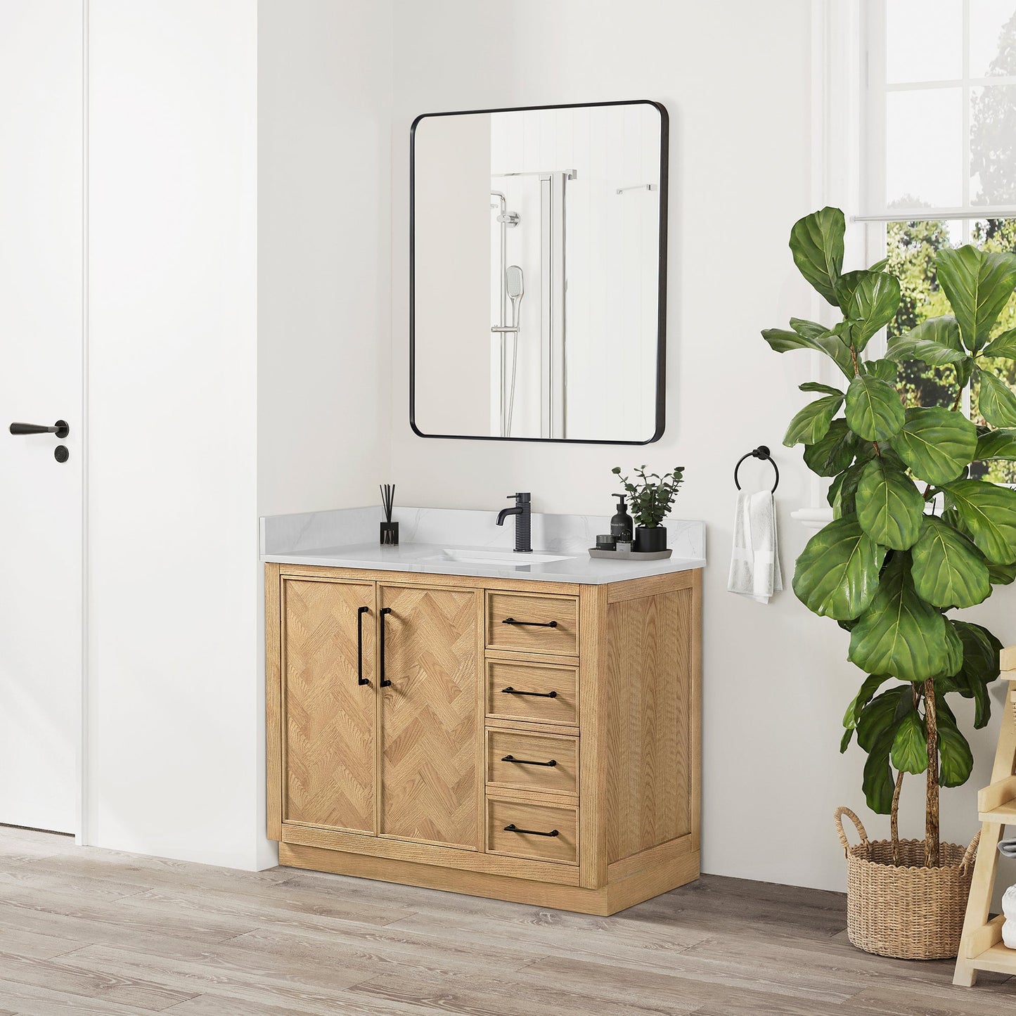 Jakarta 42" Freestanding Single Bath Vanity in Oak Weathering Light Brown with Silk White Quartz Stone Top