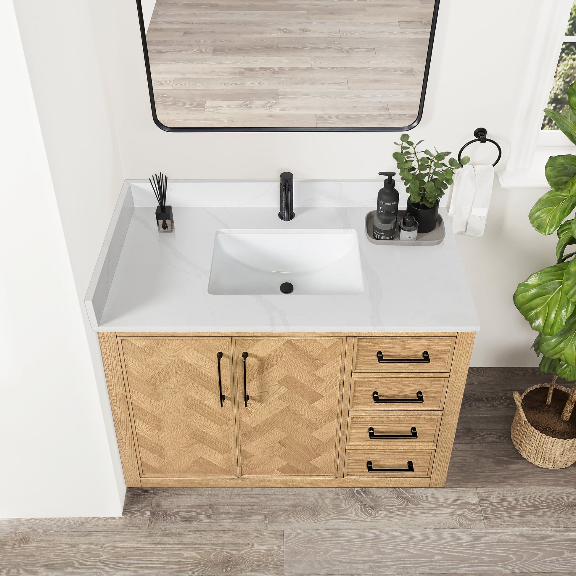 Jakarta 42" Freestanding Single Bath Vanity in Oak Weathering Light Brown with Silk White Quartz Stone Top