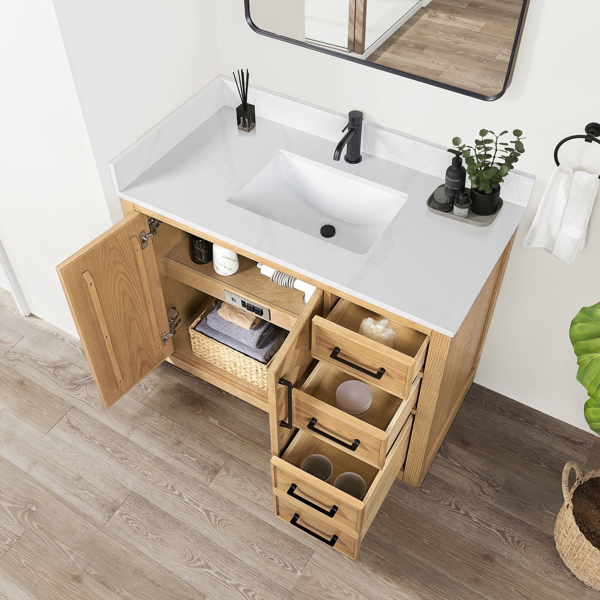 Jakarta 42" Freestanding Single Bath Vanity in Oak Weathering Light Brown with Silk White Quartz Stone Top