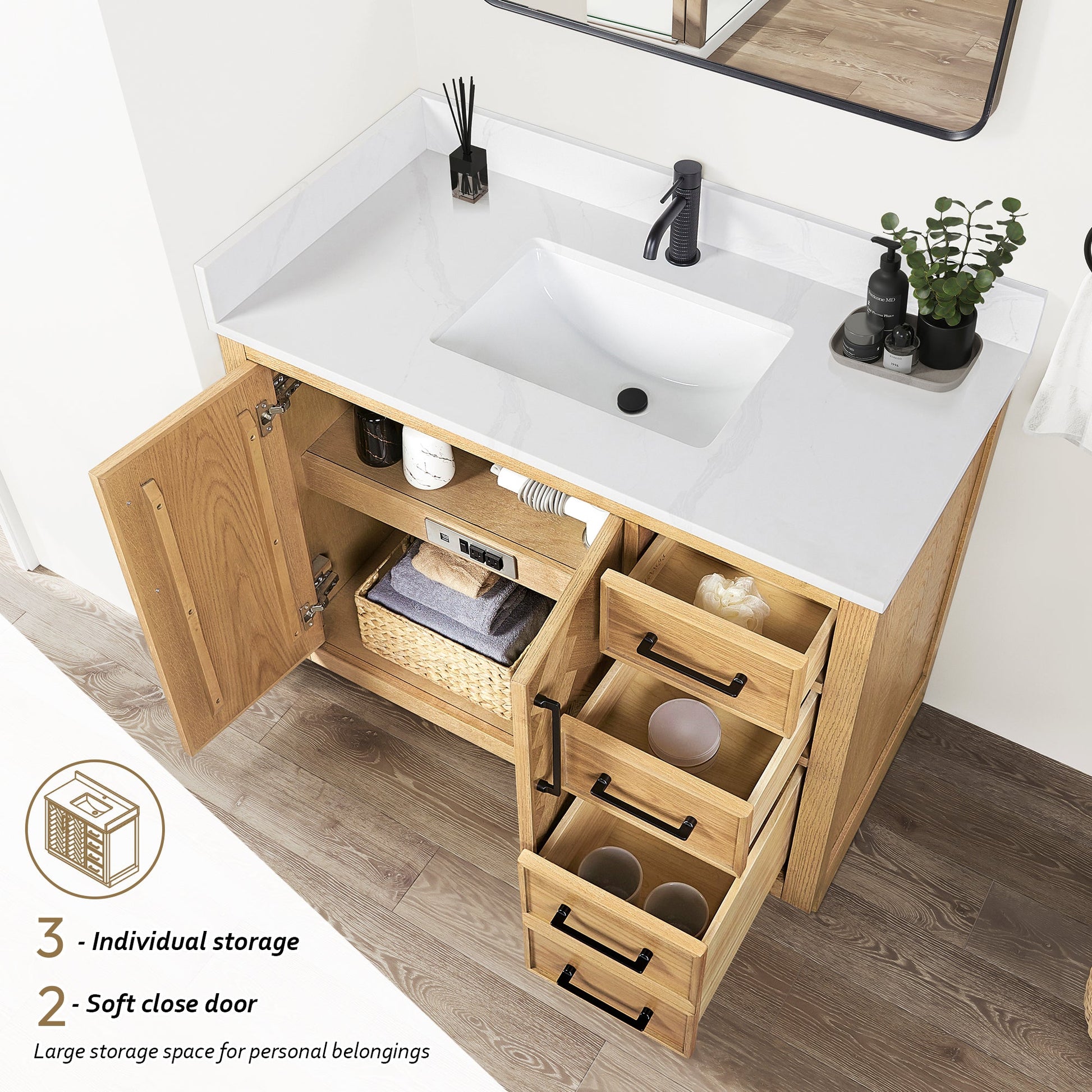 Jakarta 42" Freestanding Single Bath Vanity in Oak Weathering Light Brown with Silk White Quartz Stone Top