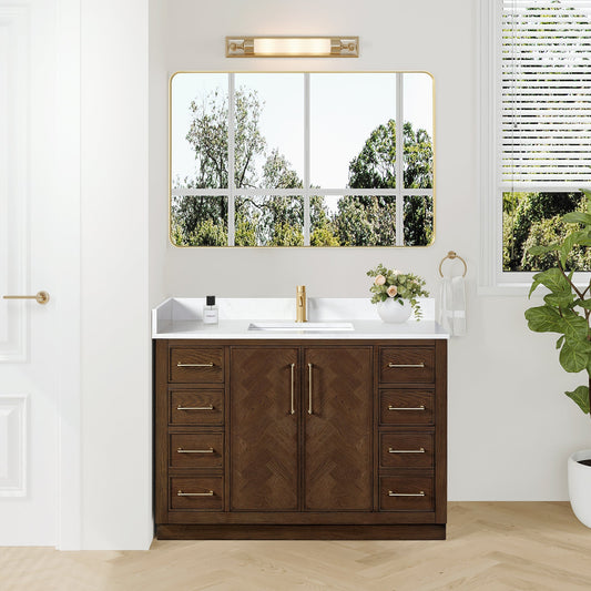 Jakarta 48" Freestanding Single Bath Vanity in Aged Dark Brown Oak with Silk White Quartz Stone Top