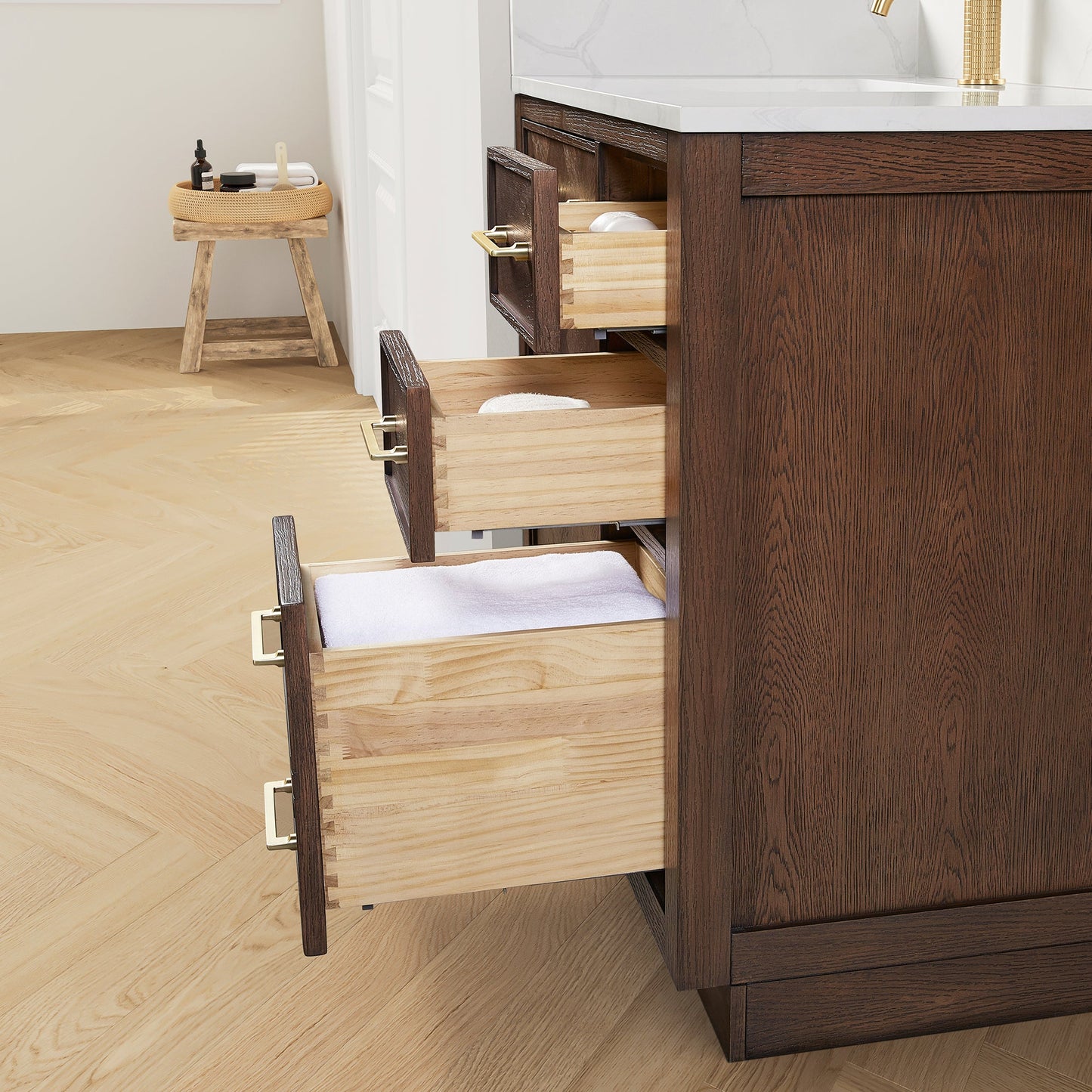 Jakarta 48" Freestanding Single Bath Vanity in Aged Dark Brown Oak with Silk White Quartz Stone Top
