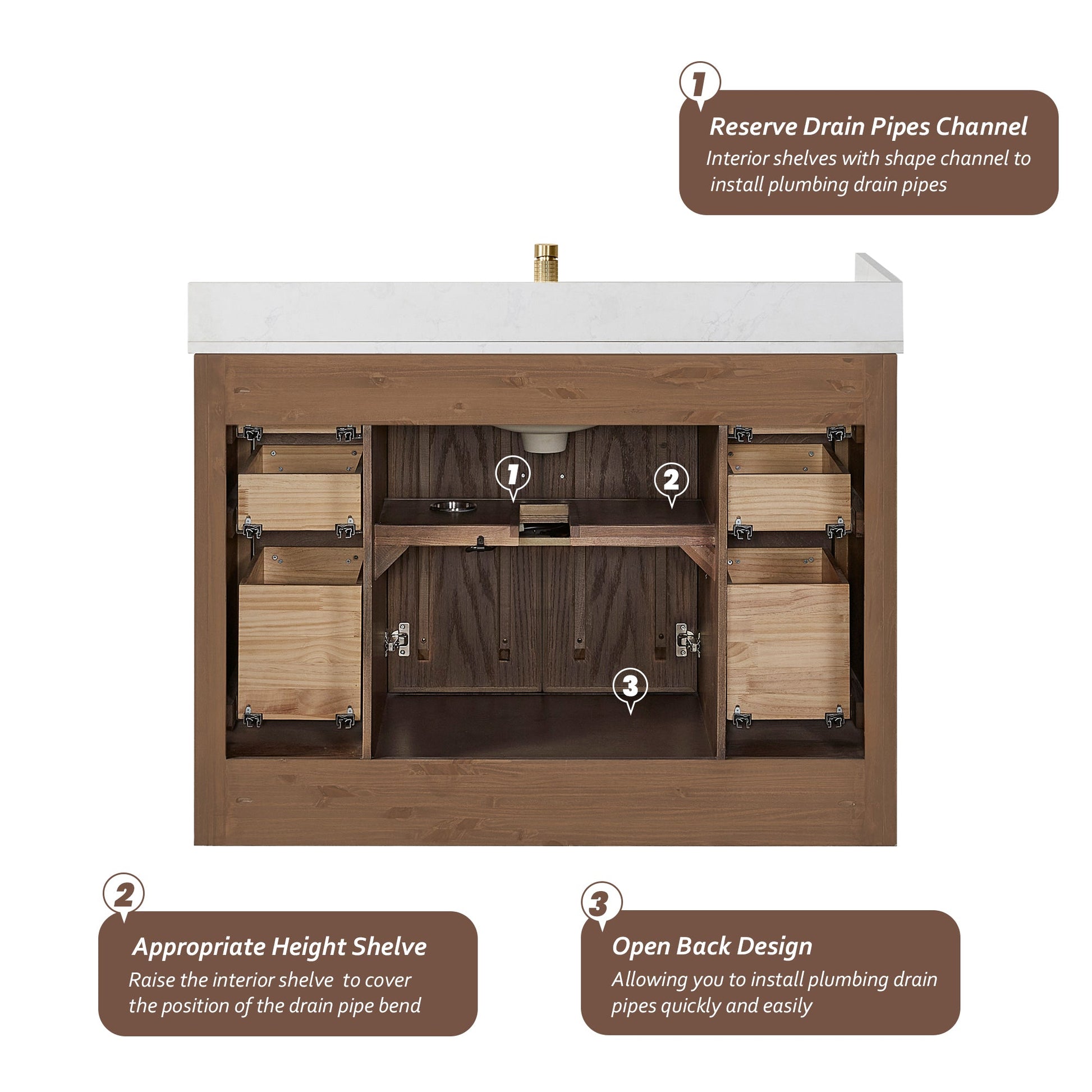 Jakarta 48" Freestanding Single Bath Vanity in Aged Dark Brown Oak with Silk White Quartz Stone Top