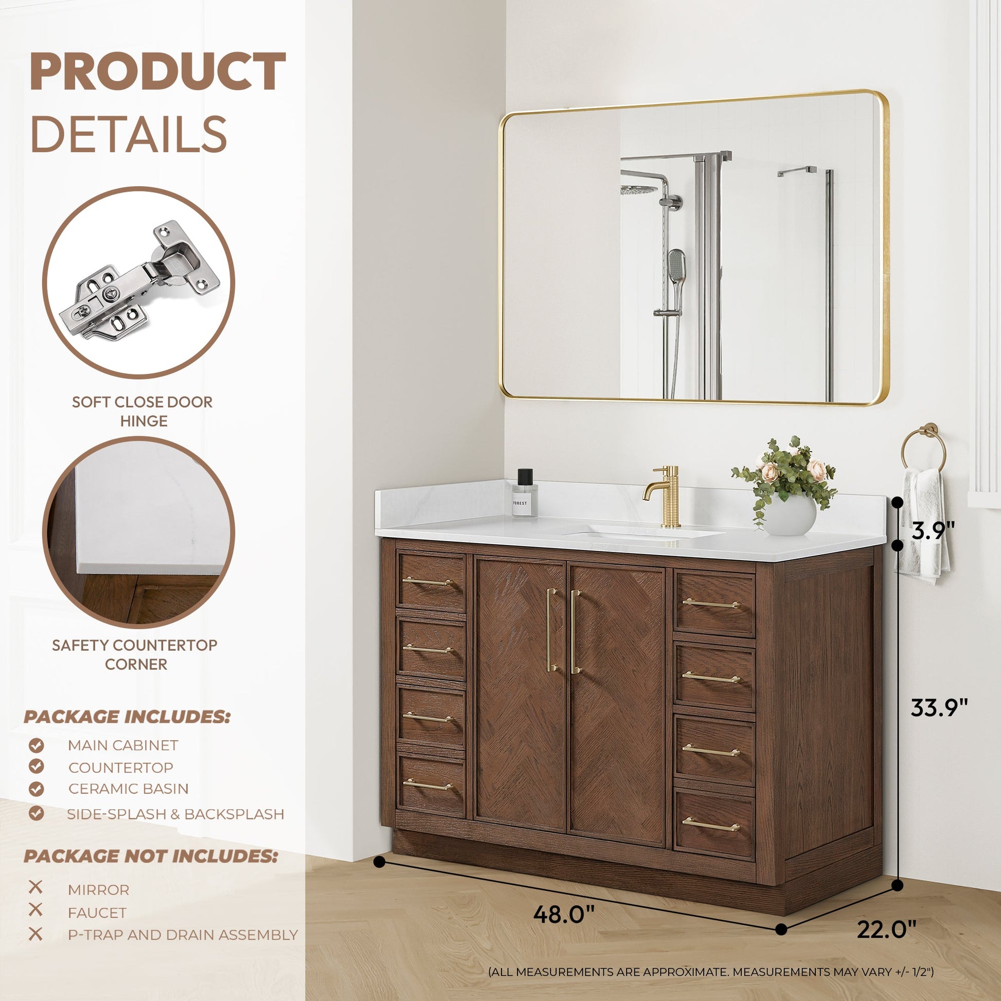 Jakarta 48" Freestanding Single Bath Vanity in Aged Dark Brown Oak with Silk White Quartz Stone Top