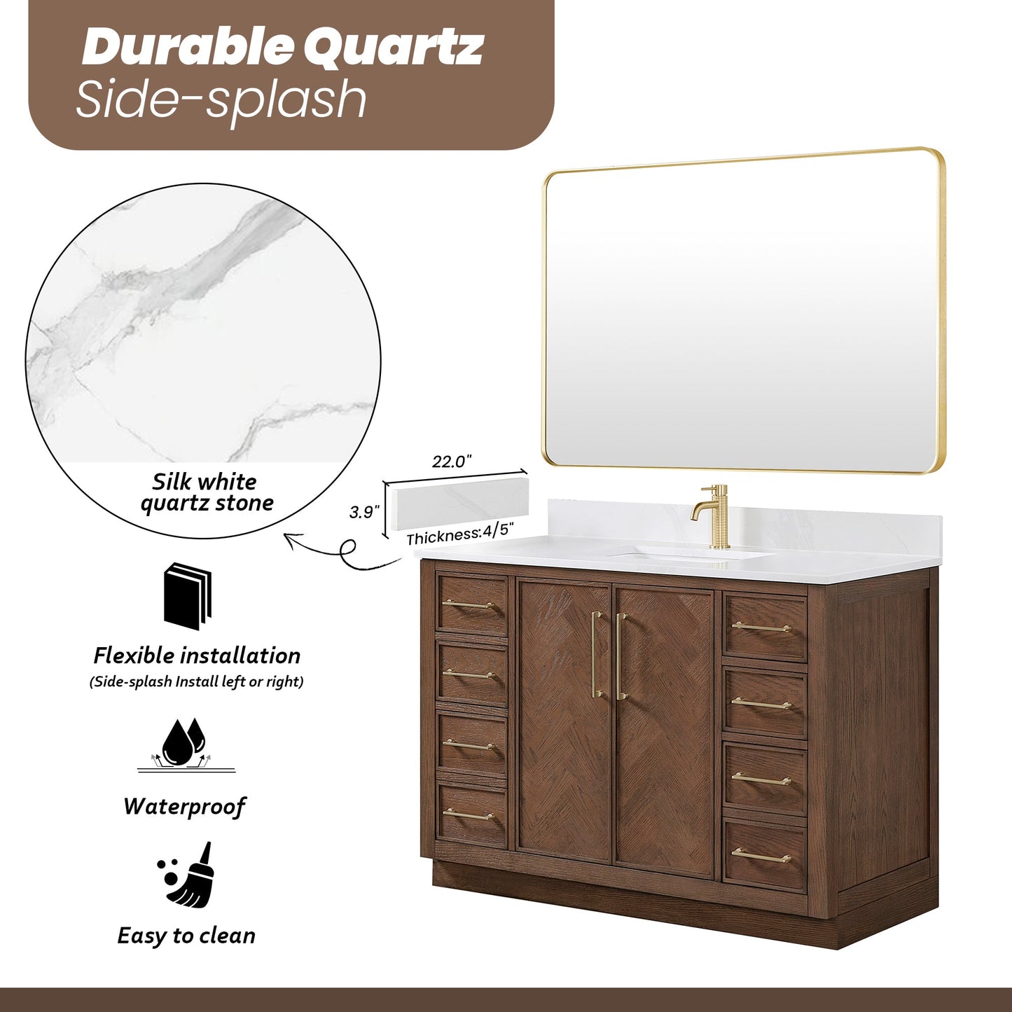 Jakarta 48" Freestanding Single Bath Vanity in Aged Dark Brown Oak with Silk White Quartz Stone Top