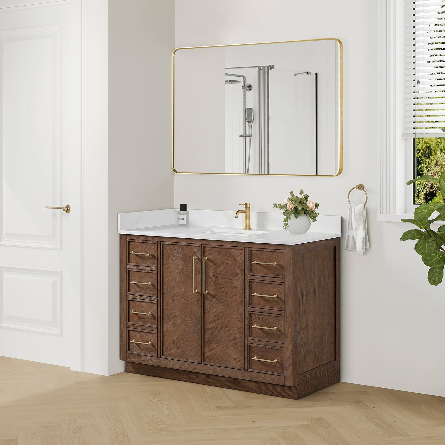 Jakarta 48" Freestanding Single Bath Vanity in Aged Dark Brown Oak with Silk White Quartz Stone Top