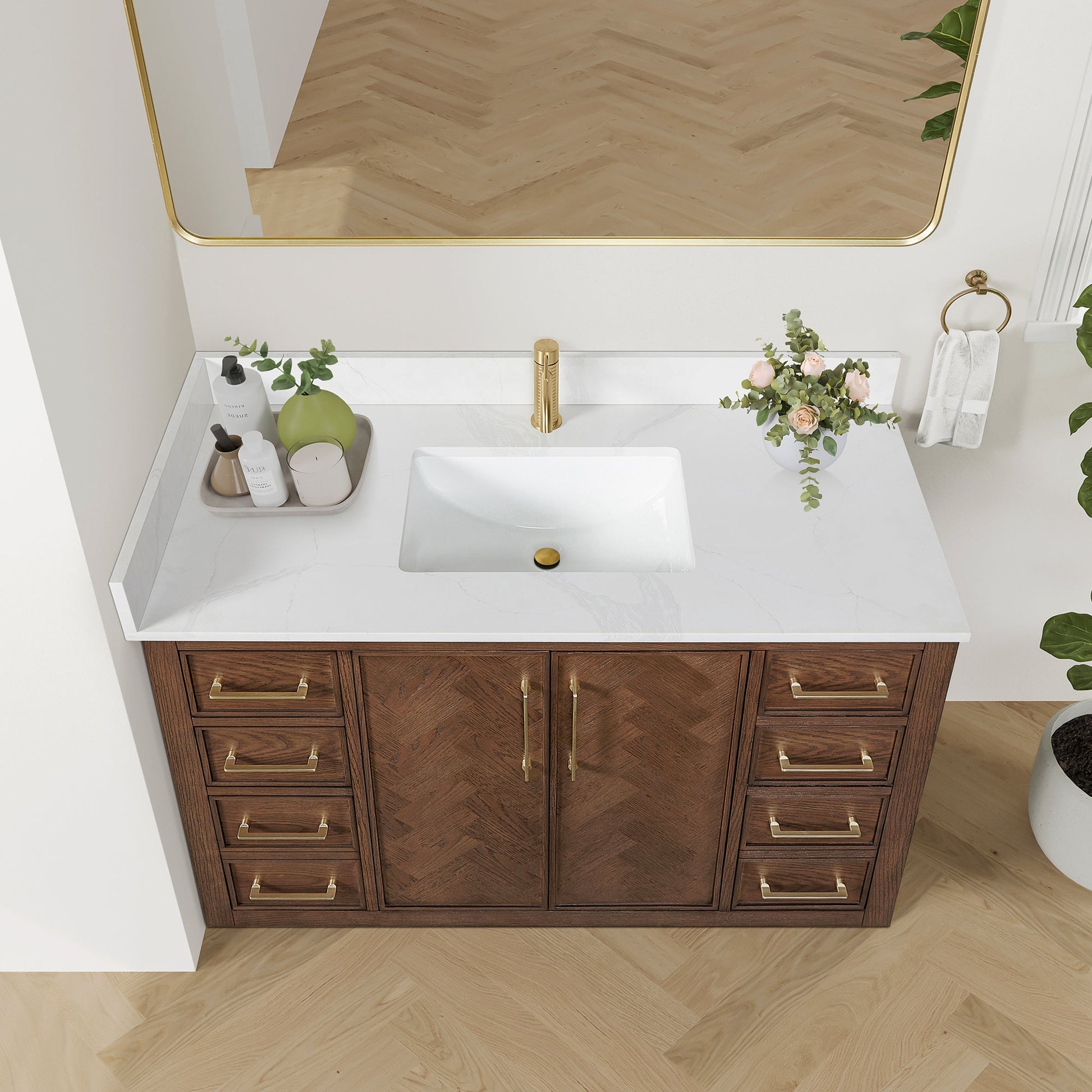 Jakarta 48" Freestanding Single Bath Vanity in Aged Dark Brown Oak with Silk White Quartz Stone Top