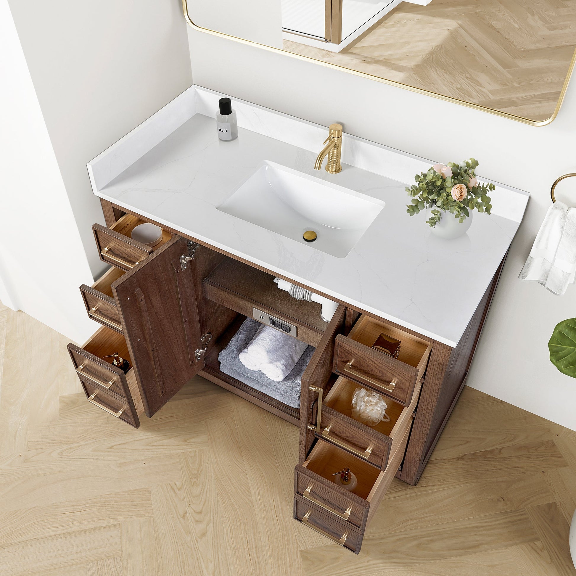 Jakarta 48" Freestanding Single Bath Vanity in Aged Dark Brown Oak with Silk White Quartz Stone Top