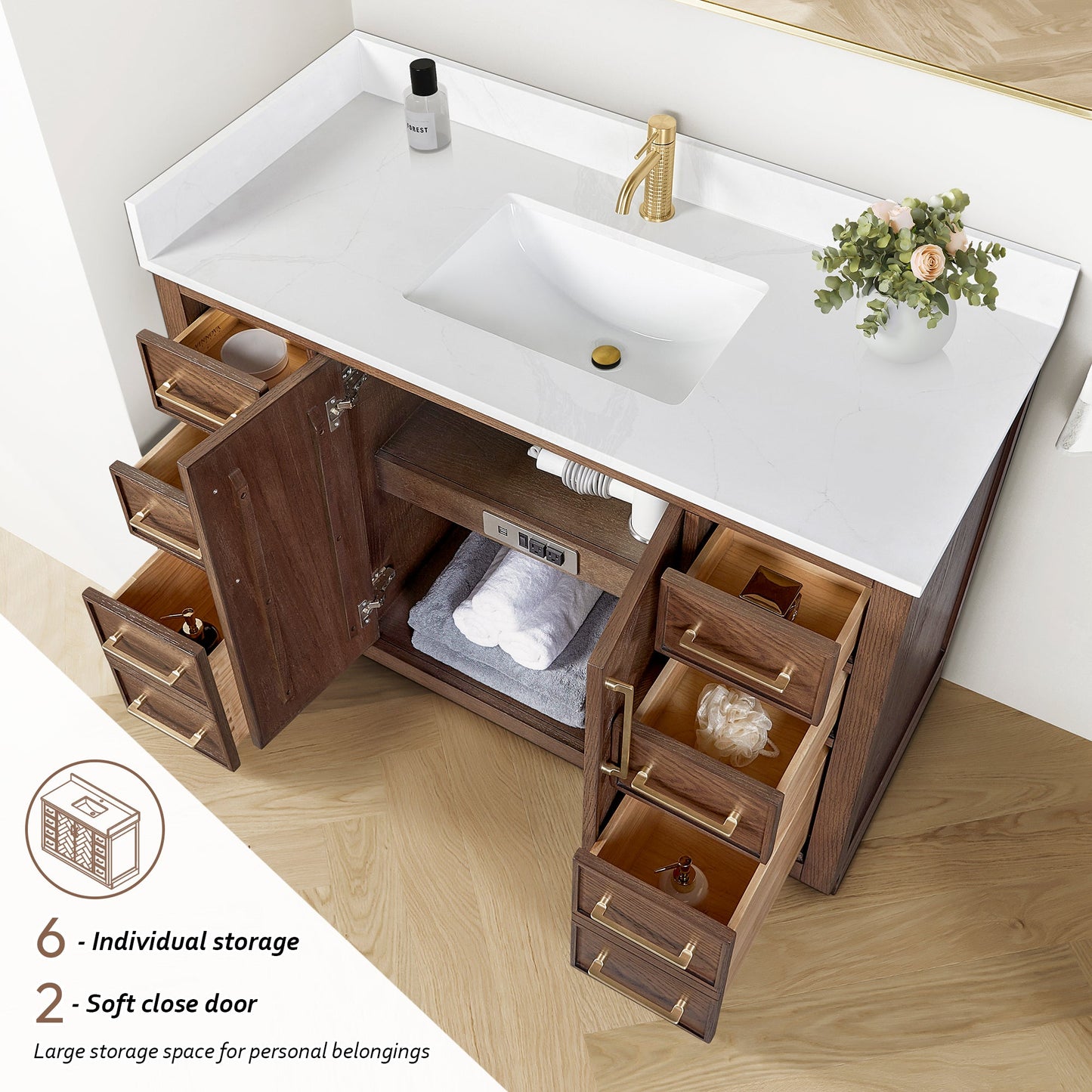 Jakarta 48" Freestanding Single Bath Vanity in Aged Dark Brown Oak with Silk White Quartz Stone Top