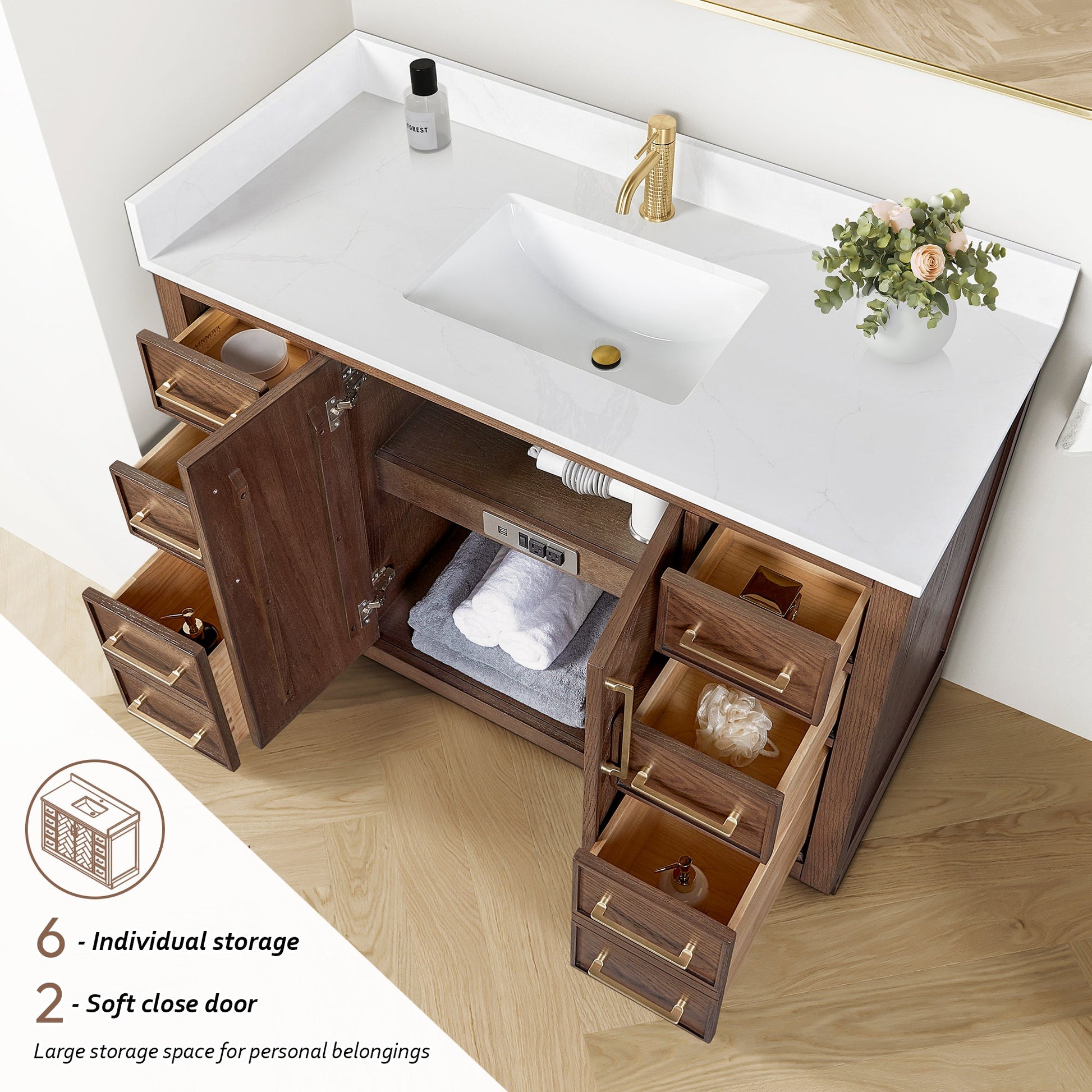 Jakarta 48" Freestanding Single Bath Vanity in Aged Dark Brown Oak with Silk White Quartz Stone Top