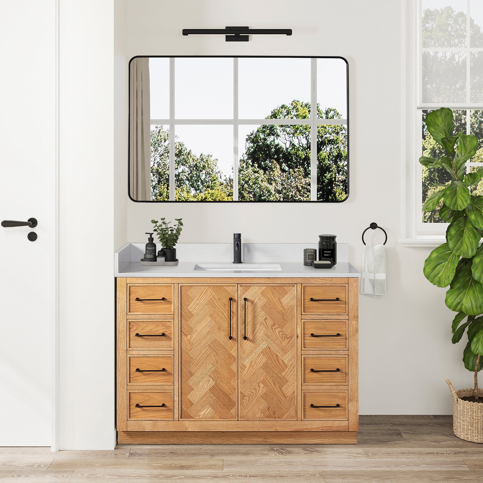 Jakarta 48" Freestanding Single Bath Vanity in Oak Weathering Light Brown with Silk White Quartz Stone Top