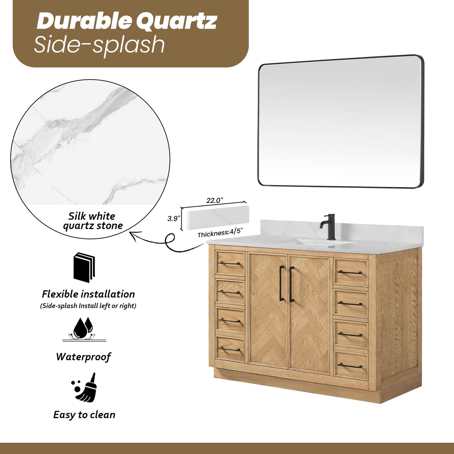 Jakarta 48" Freestanding Single Bath Vanity in Oak Weathering Light Brown with Silk White Quartz Stone Top