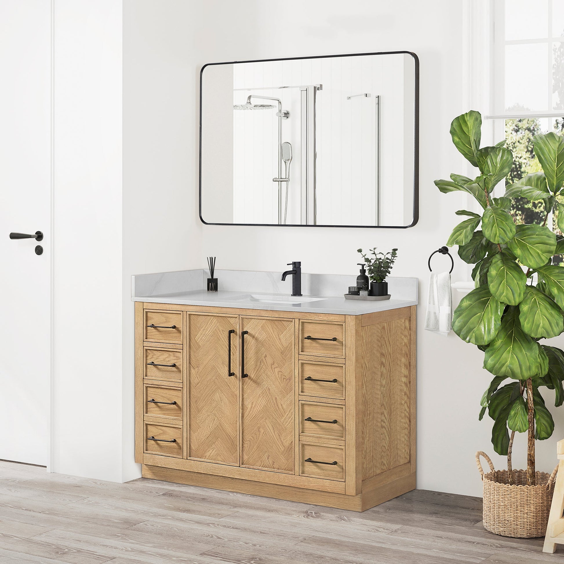 Jakarta 48" Freestanding Single Bath Vanity in Oak Weathering Light Brown with Silk White Quartz Stone Top