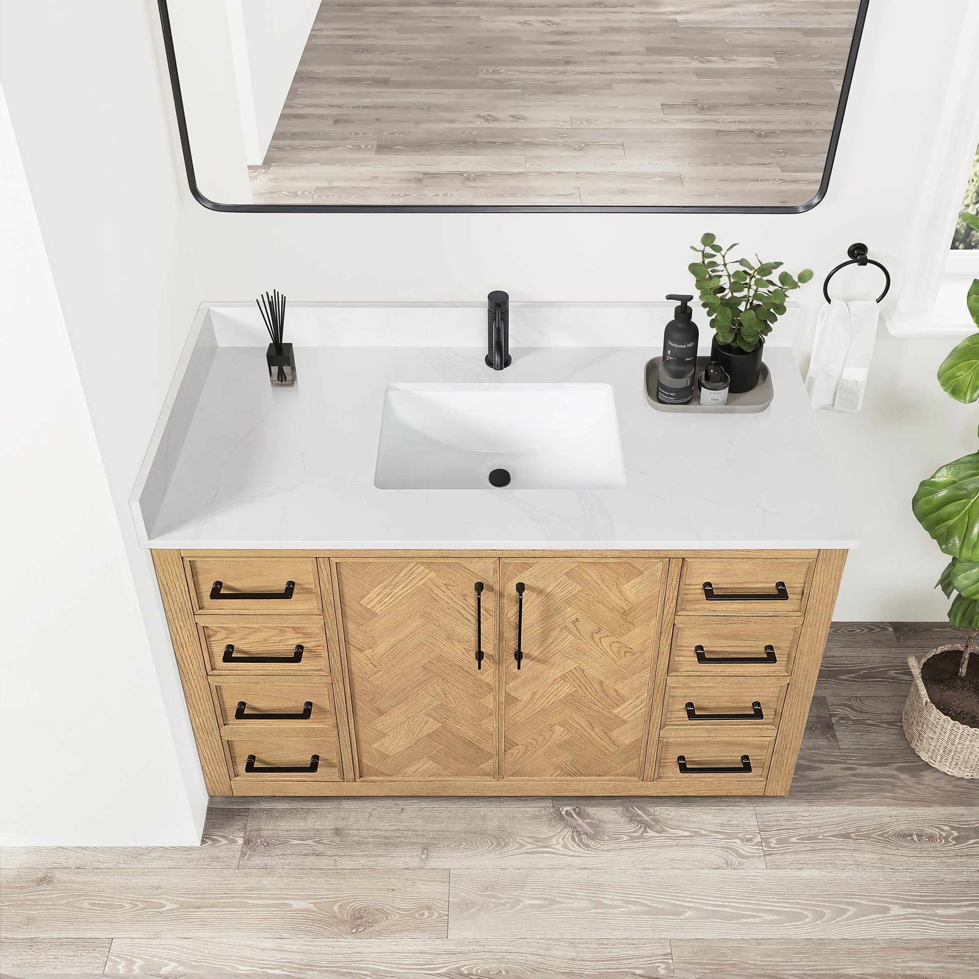 Jakarta 48" Freestanding Single Bath Vanity in Oak Weathering Light Brown with Silk White Quartz Stone Top