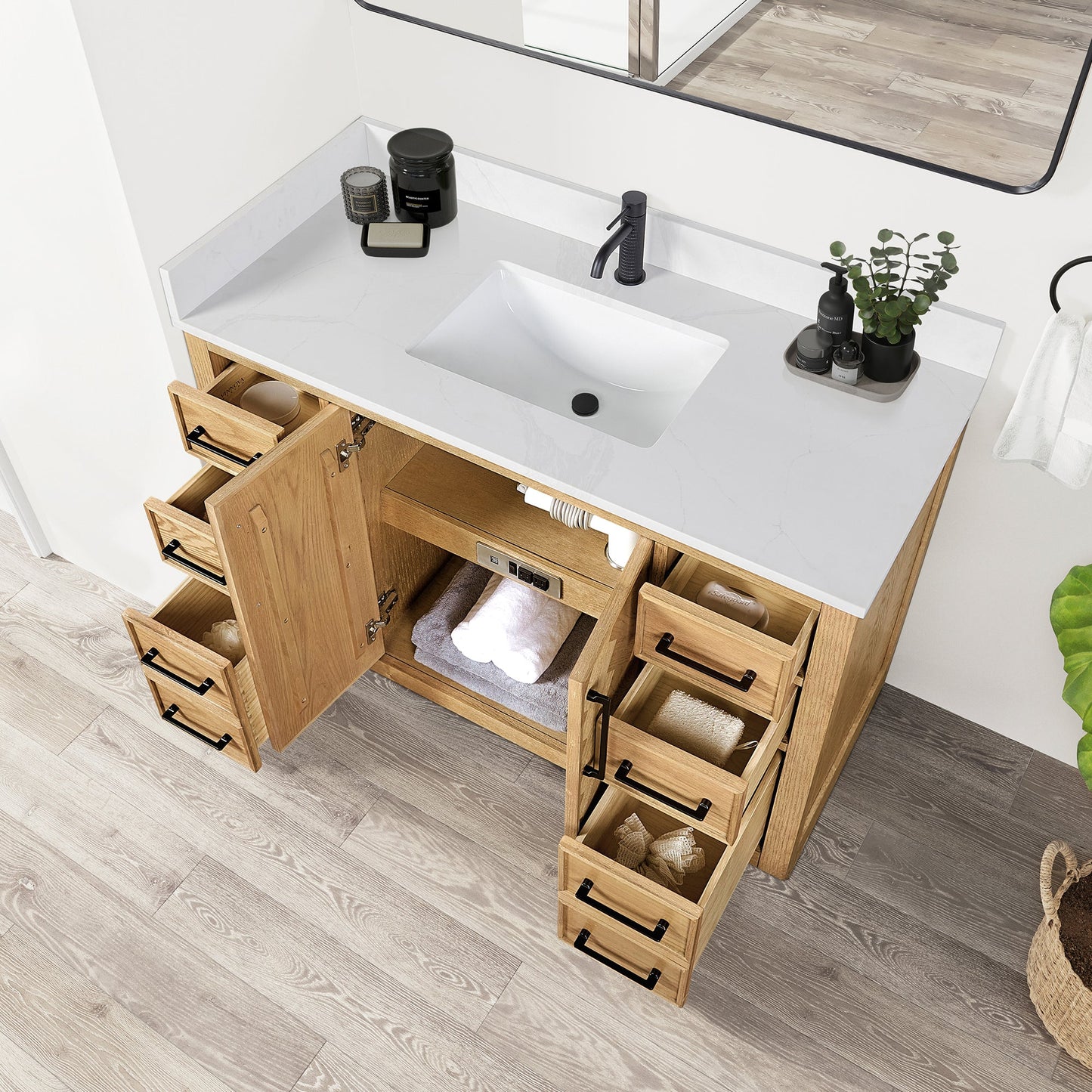 Jakarta 48" Freestanding Single Bath Vanity in Oak Weathering Light Brown with Silk White Quartz Stone Top