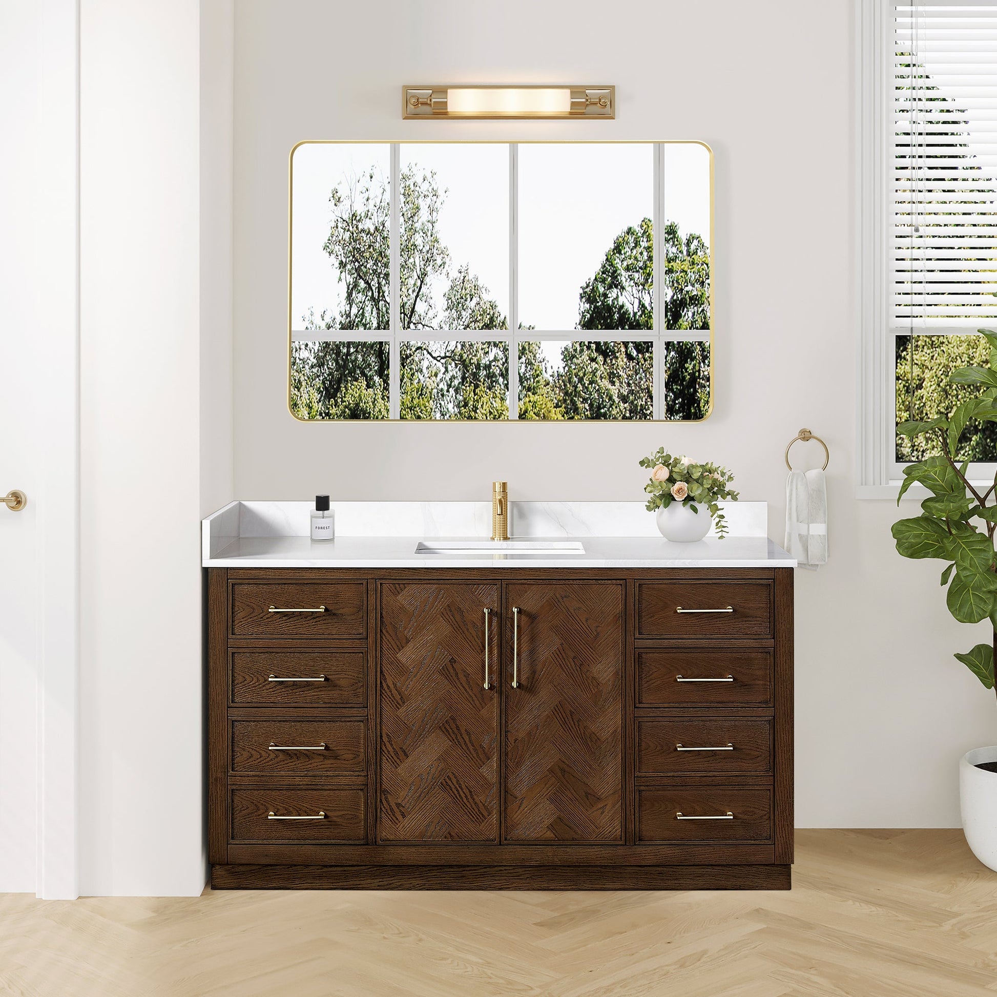 Jakarta 60" Freestanding Single Bath Vanity in Aged Dark Brown Oak with Silk White Quartz Stone Top