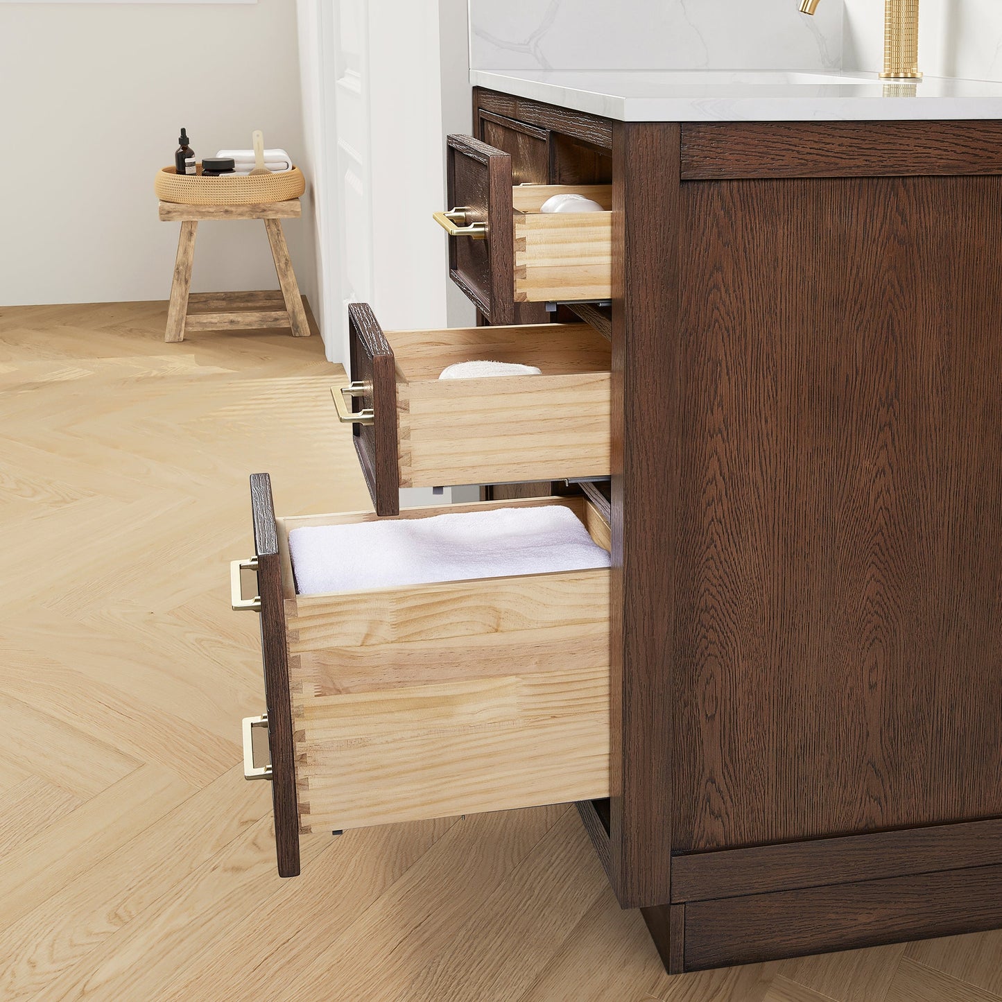 Jakarta 60" Freestanding Single Bath Vanity in Aged Dark Brown Oak with Silk White Quartz Stone Top